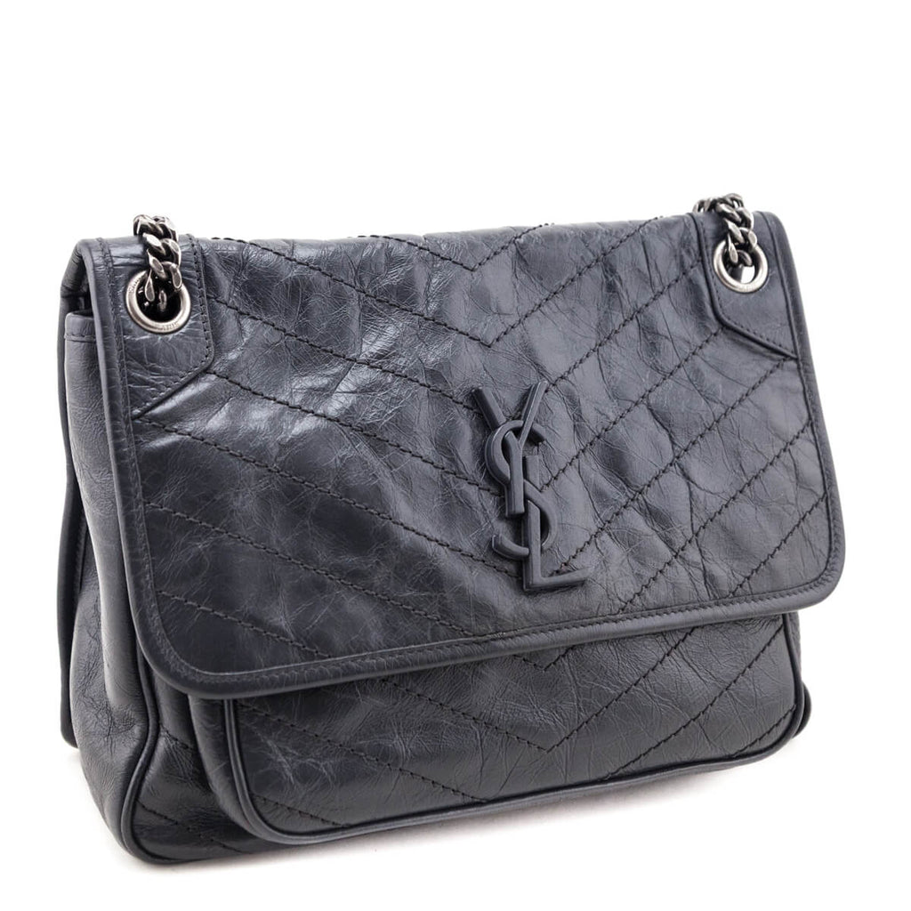 Saint Laurent Fog Crinkled Calfskin Matelasse Monogram Medium Niki Chain Satchel