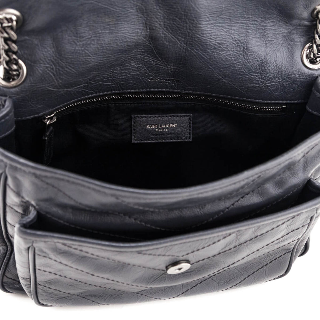 Saint Laurent Fog Crinkled Calfskin Matelasse Monogram Medium Niki Chain Satchel