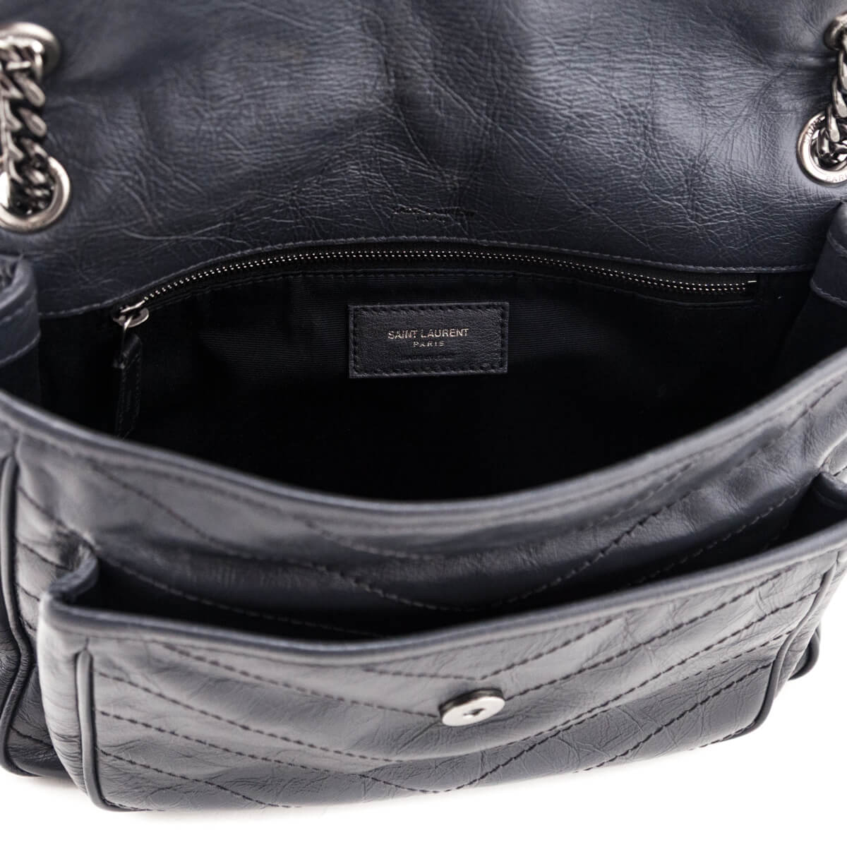 Saint Laurent Fog Crinkled Calfskin Matelasse Monogram Medium Niki Chain Satchel