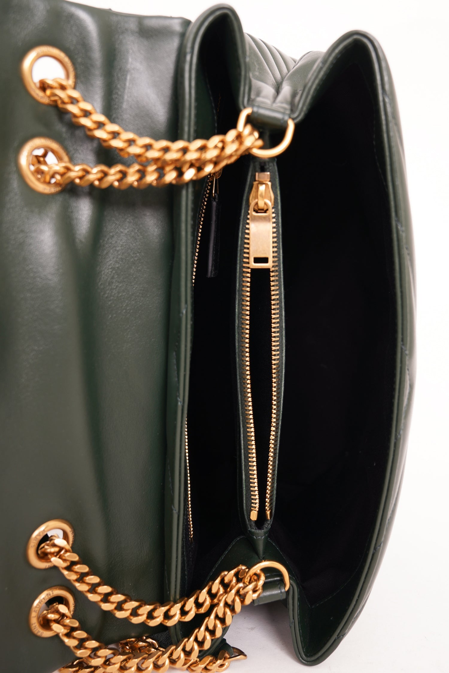 Saint Laurent Green Chevron Leather Medium Loulou Shoulder Bag