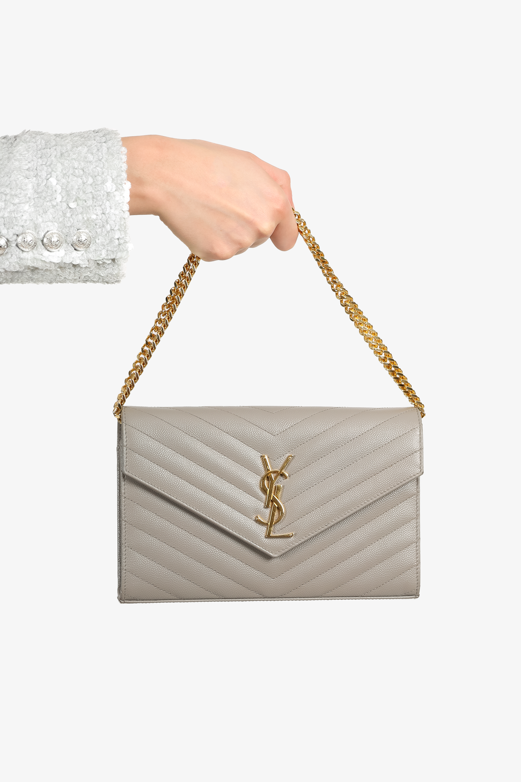 Saint Laurent Grey Leather Chevron Quilted Envelope Wallet on Chain