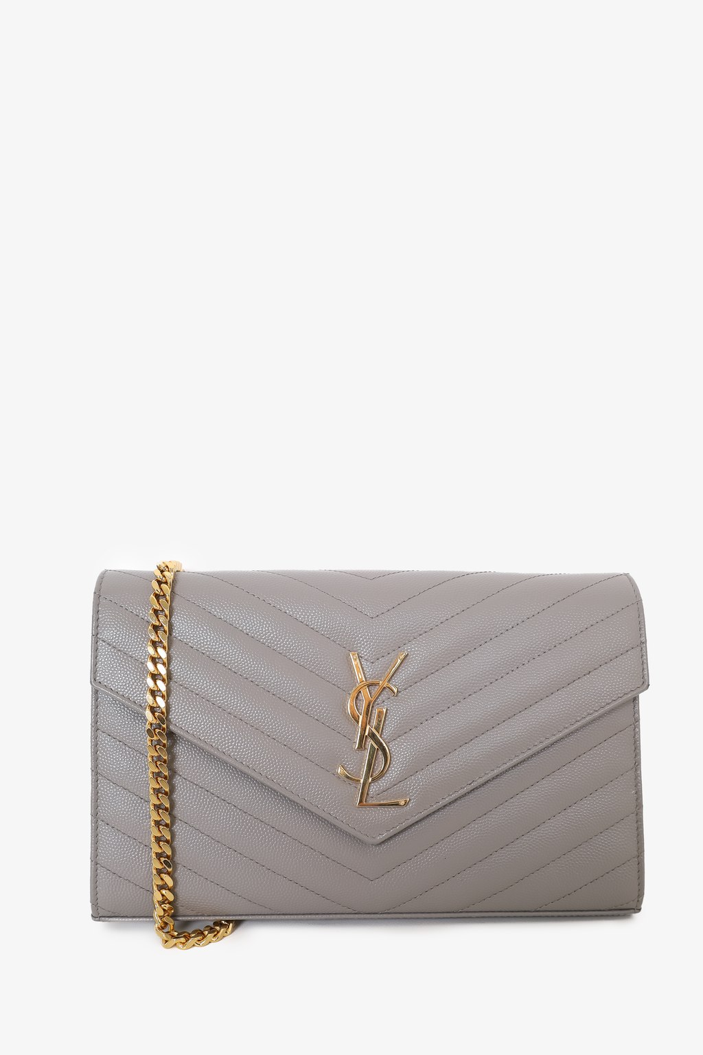 Saint Laurent Grey Leather Chevron Quilted Envelope Wallet on Chain