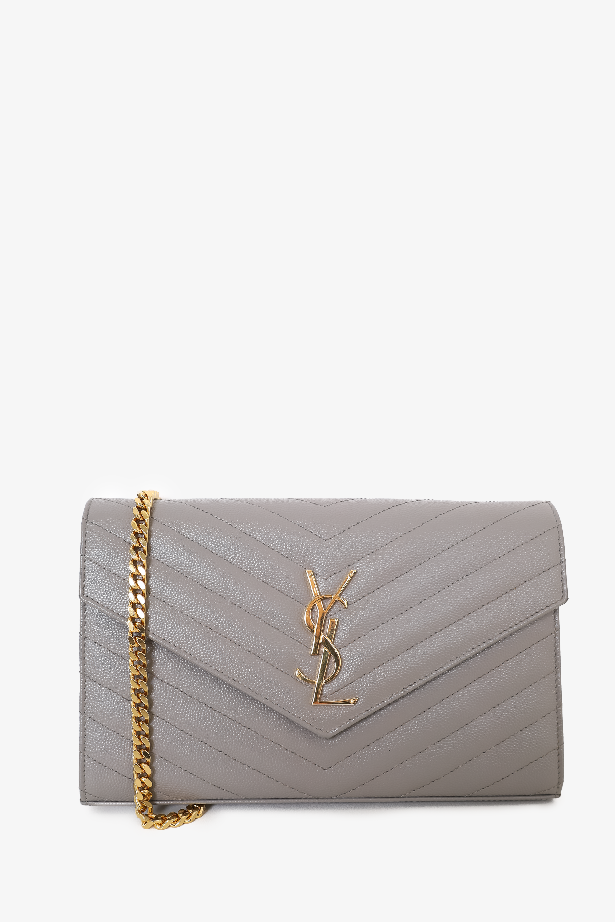 Saint Laurent Grey Leather Chevron Quilted Envelope Wallet on Chain