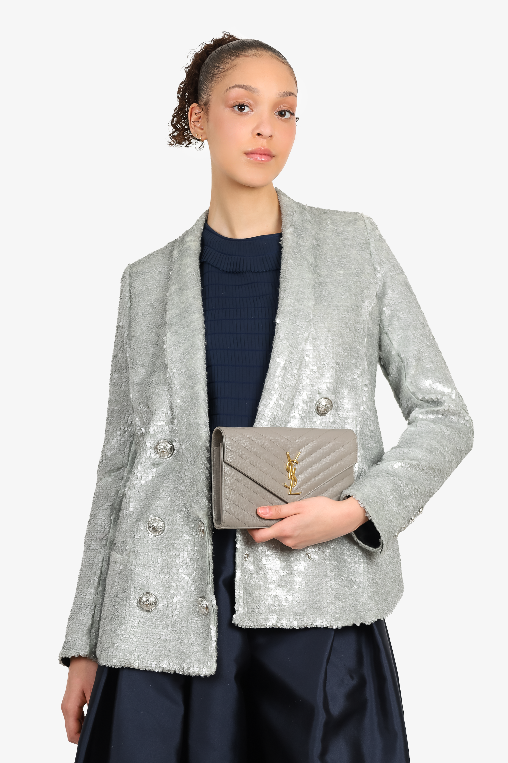 Saint Laurent Grey Leather Chevron Quilted Envelope Wallet on Chain