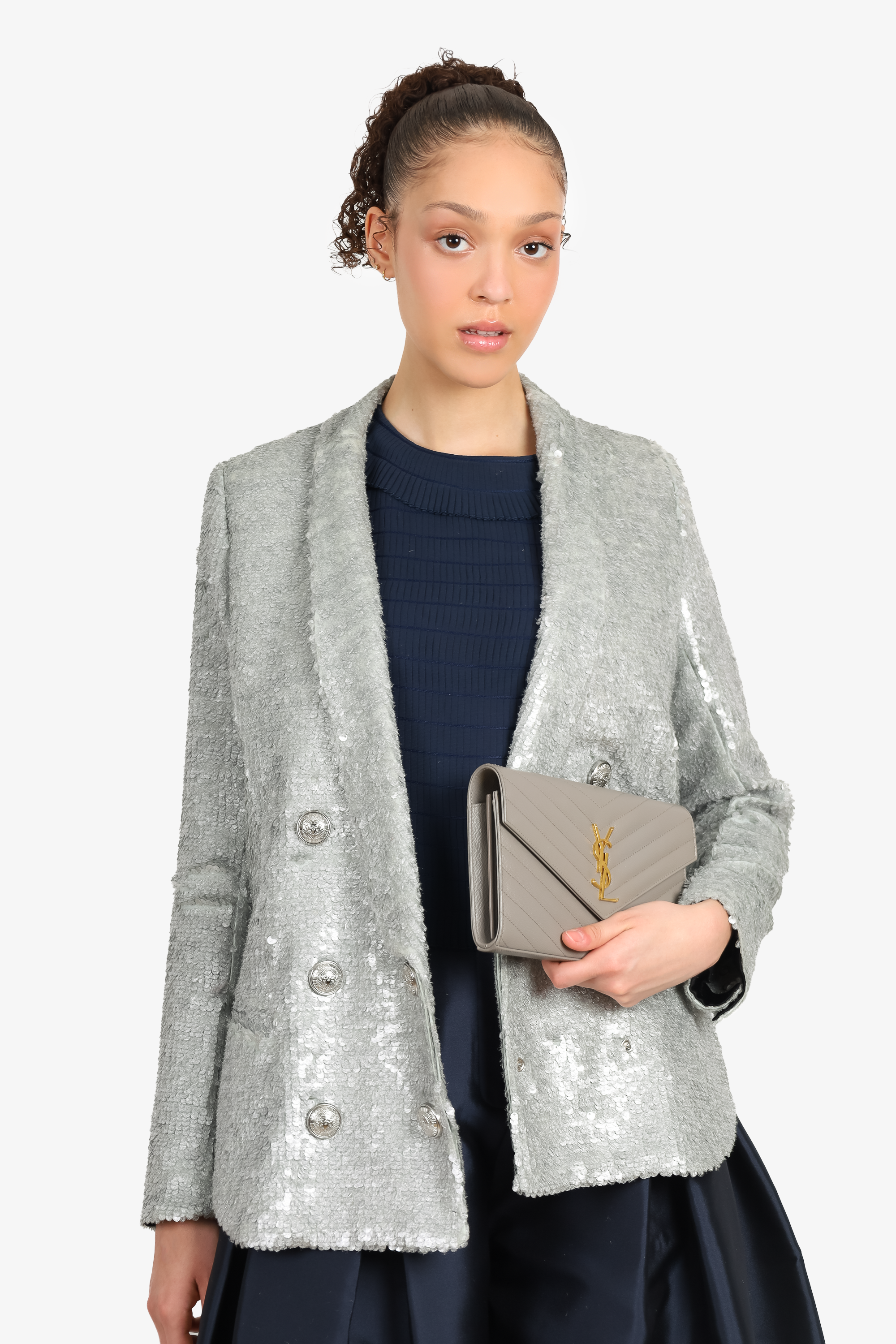 Saint Laurent Grey Leather Chevron Quilted Envelope Wallet on Chain