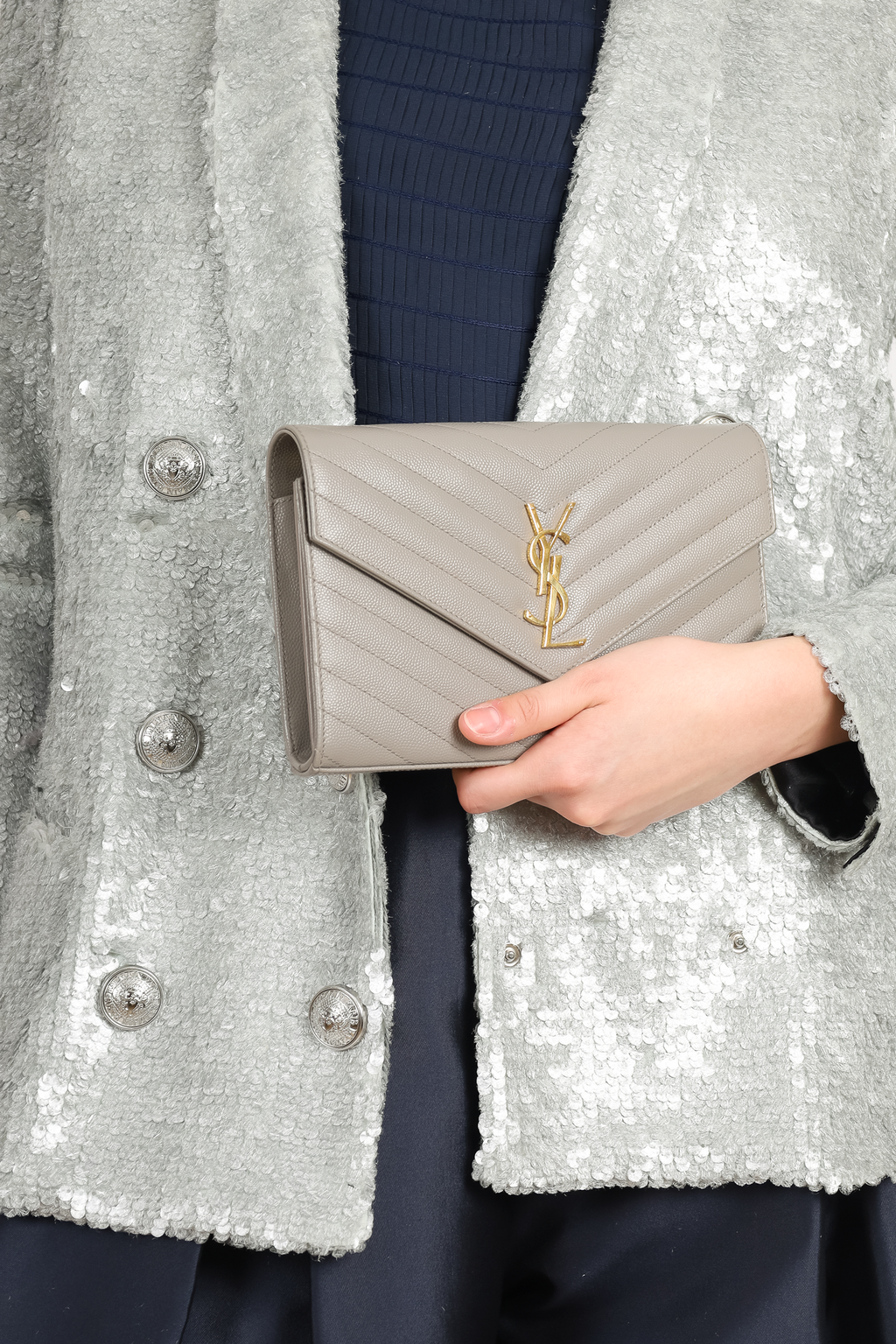 Saint Laurent Grey Leather Chevron Quilted Envelope Wallet on Chain