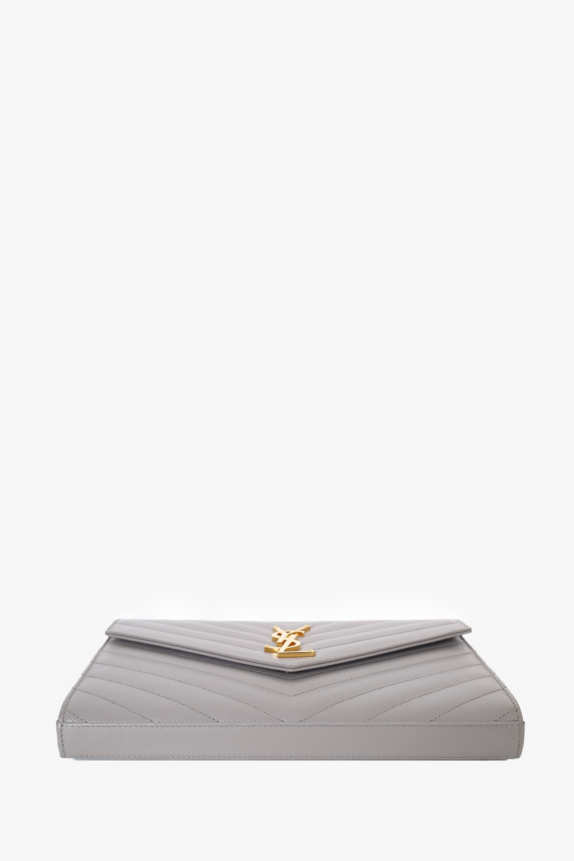 Saint Laurent Grey Leather Chevron Quilted Envelope Wallet on Chain
