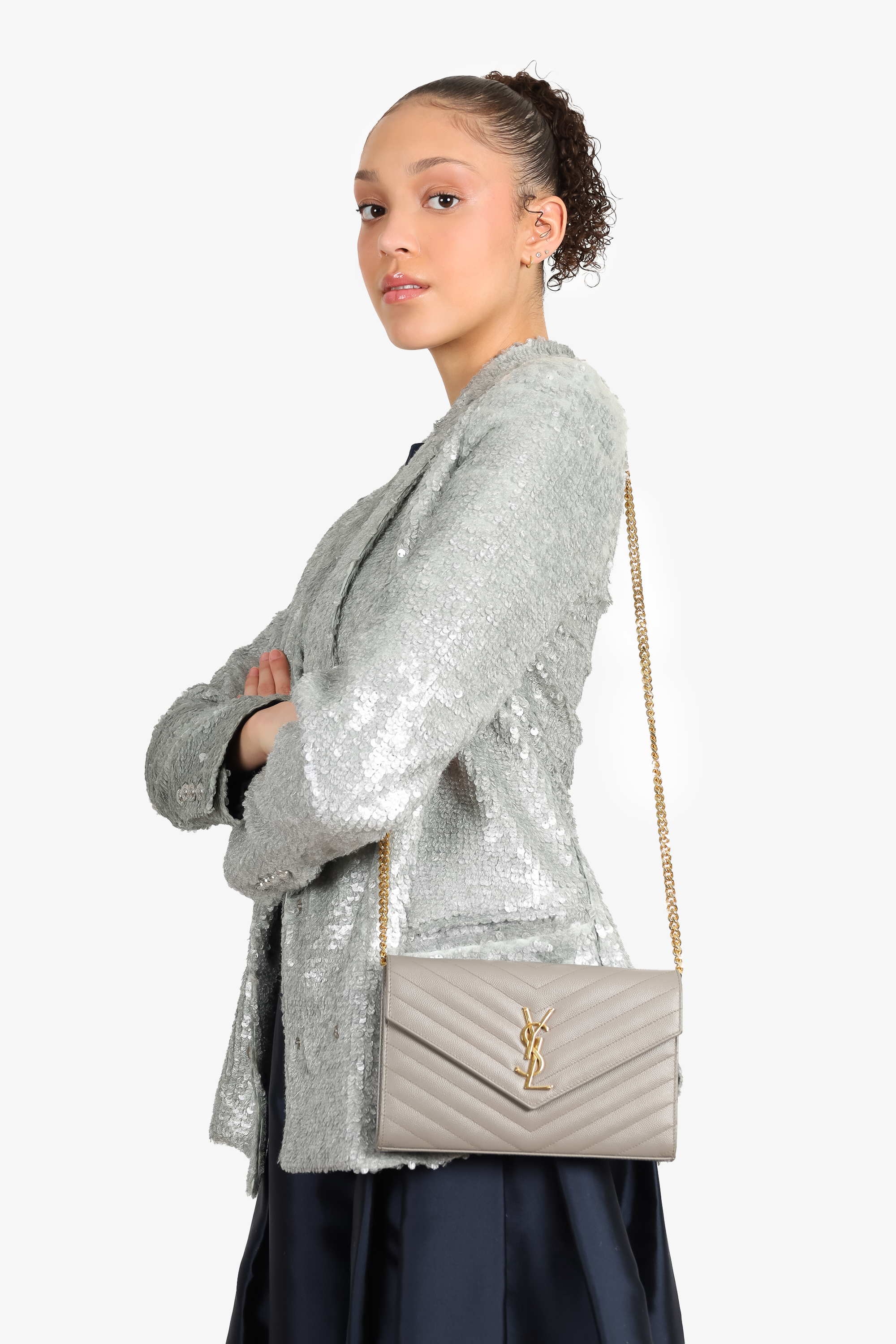 Saint Laurent Grey Leather Chevron Quilted Envelope Wallet on Chain