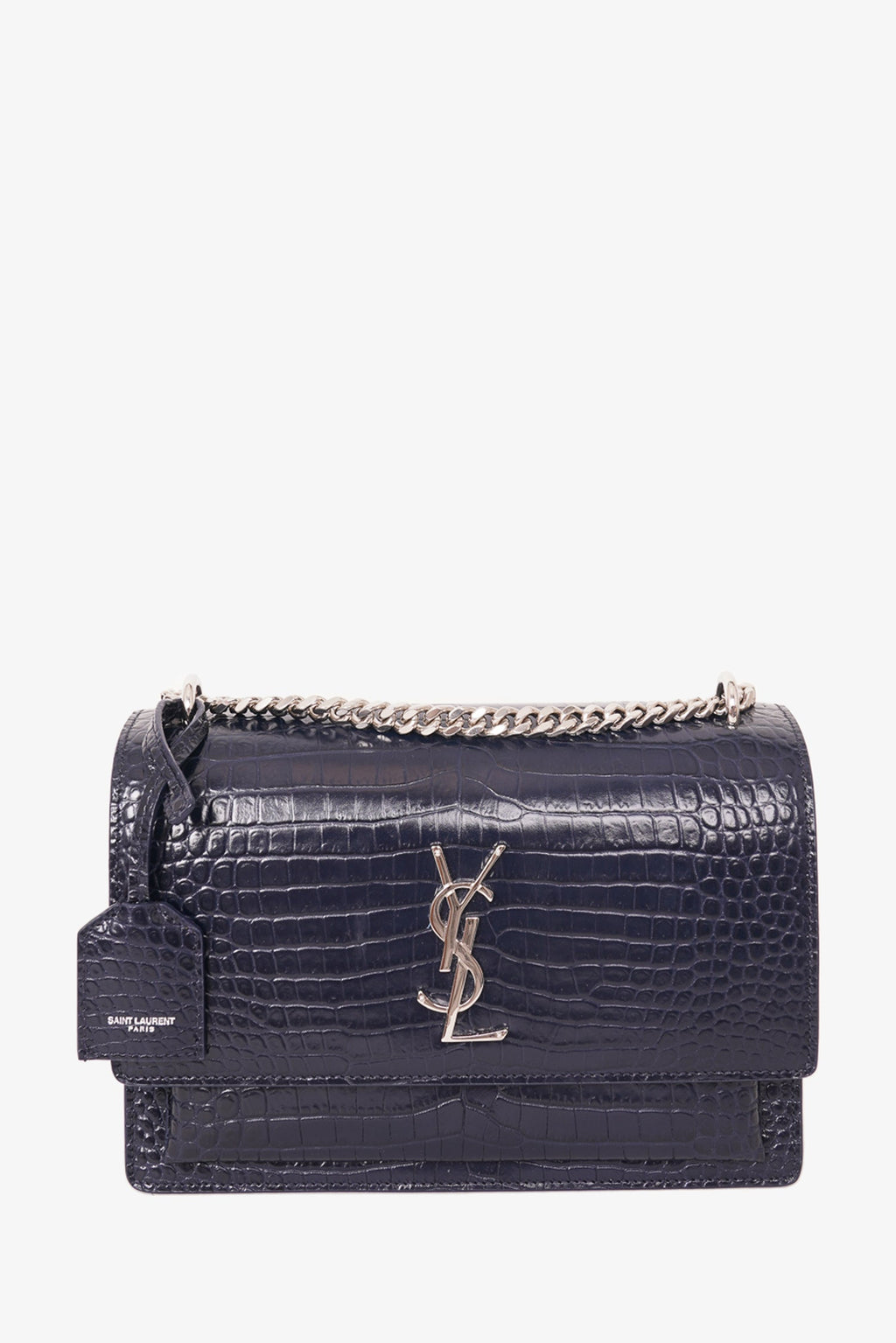 Saint Laurent Navy Croc Embossed Leather 'Sunset' Medium Crossbody Bag