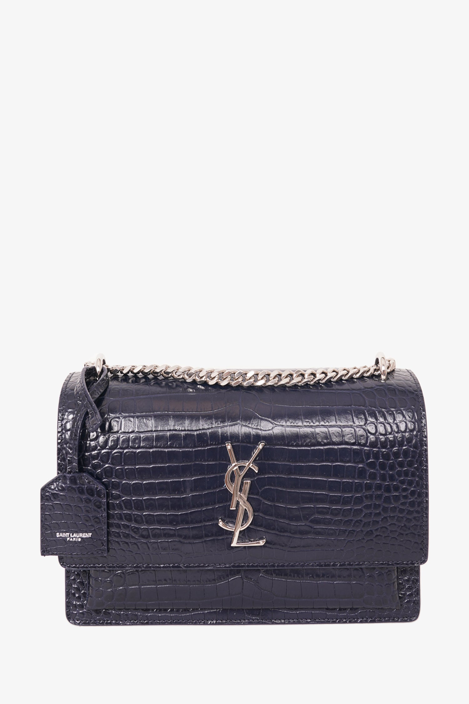 Saint Laurent Navy Croc Embossed Leather 'Sunset' Medium Crossbody Bag