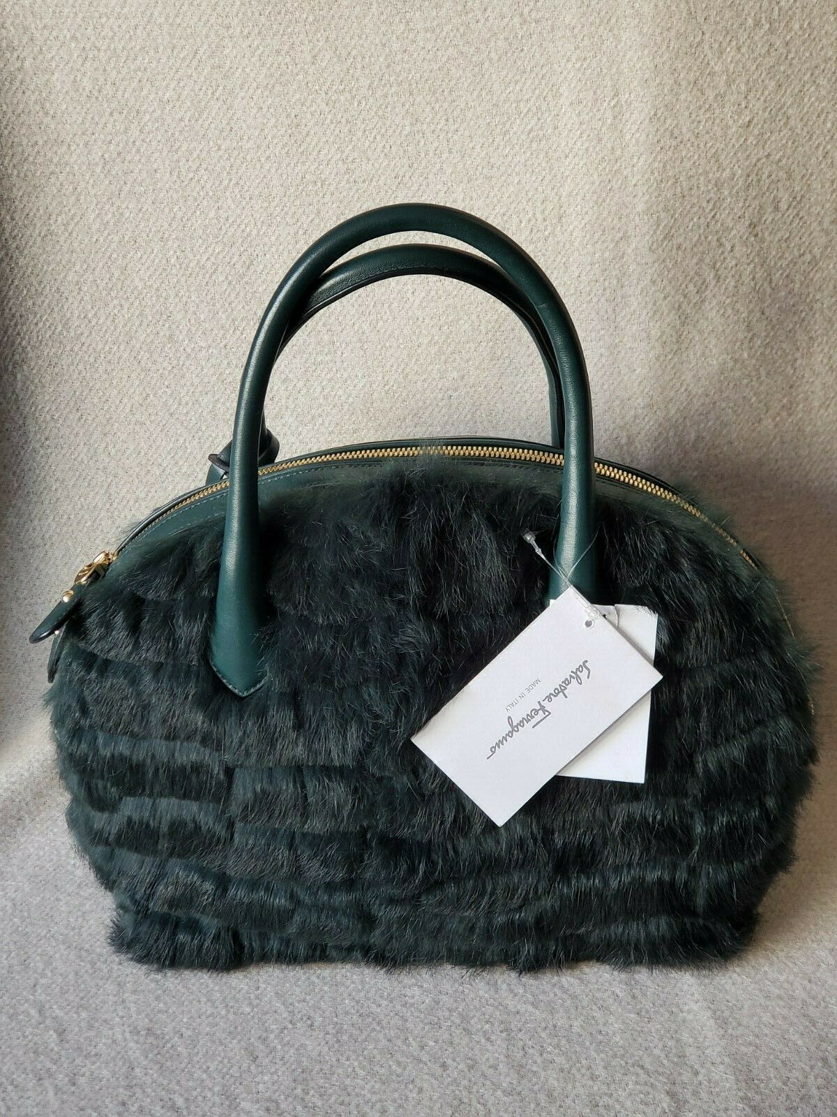SALVATORE FERRAGAMO FIAMMA GREEN RABBIT FUR SATCHEL