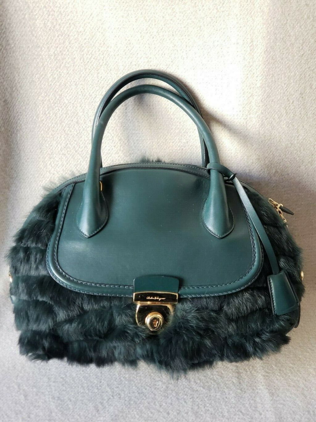 SALVATORE FERRAGAMO FIAMMA GREEN RABBIT FUR SATCHEL