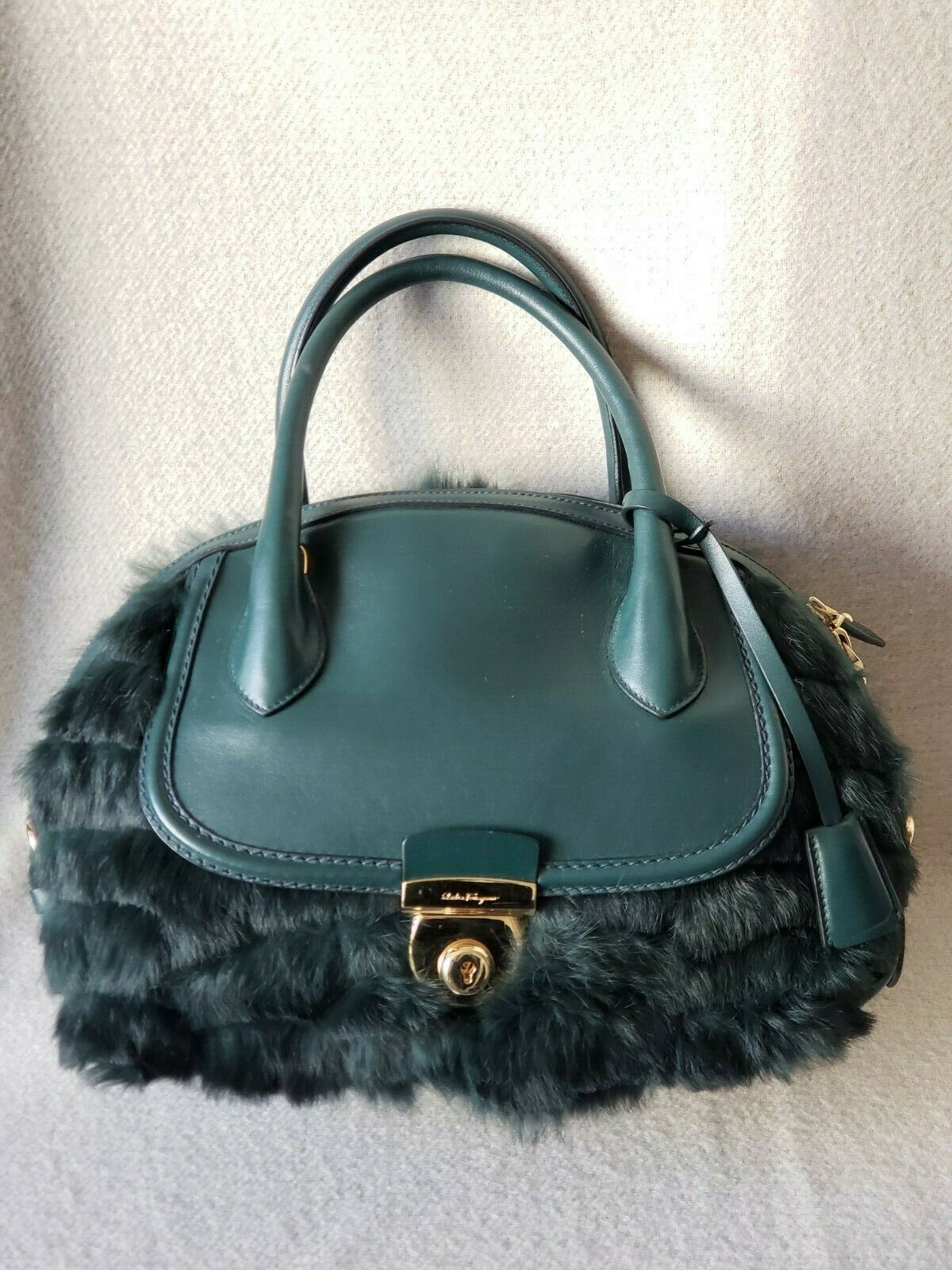SALVATORE FERRAGAMO FIAMMA GREEN RABBIT FUR SATCHEL
