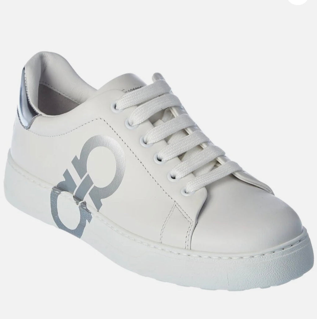 FERRAGAMO MEN'S CALFSKIN LEATHER NUMBER SNEAKERS