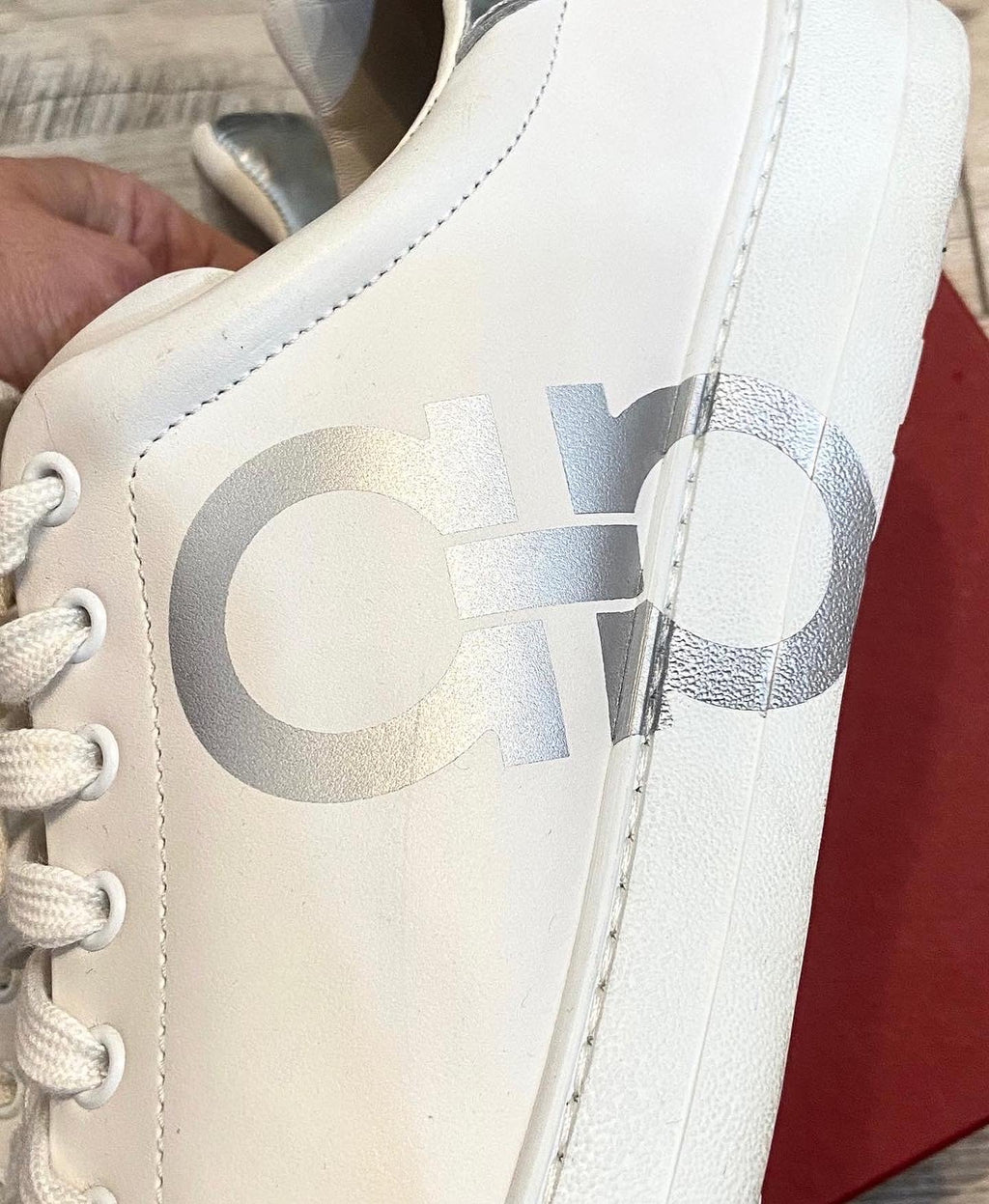 FERRAGAMO MEN'S CALFSKIN LEATHER NUMBER SNEAKERS