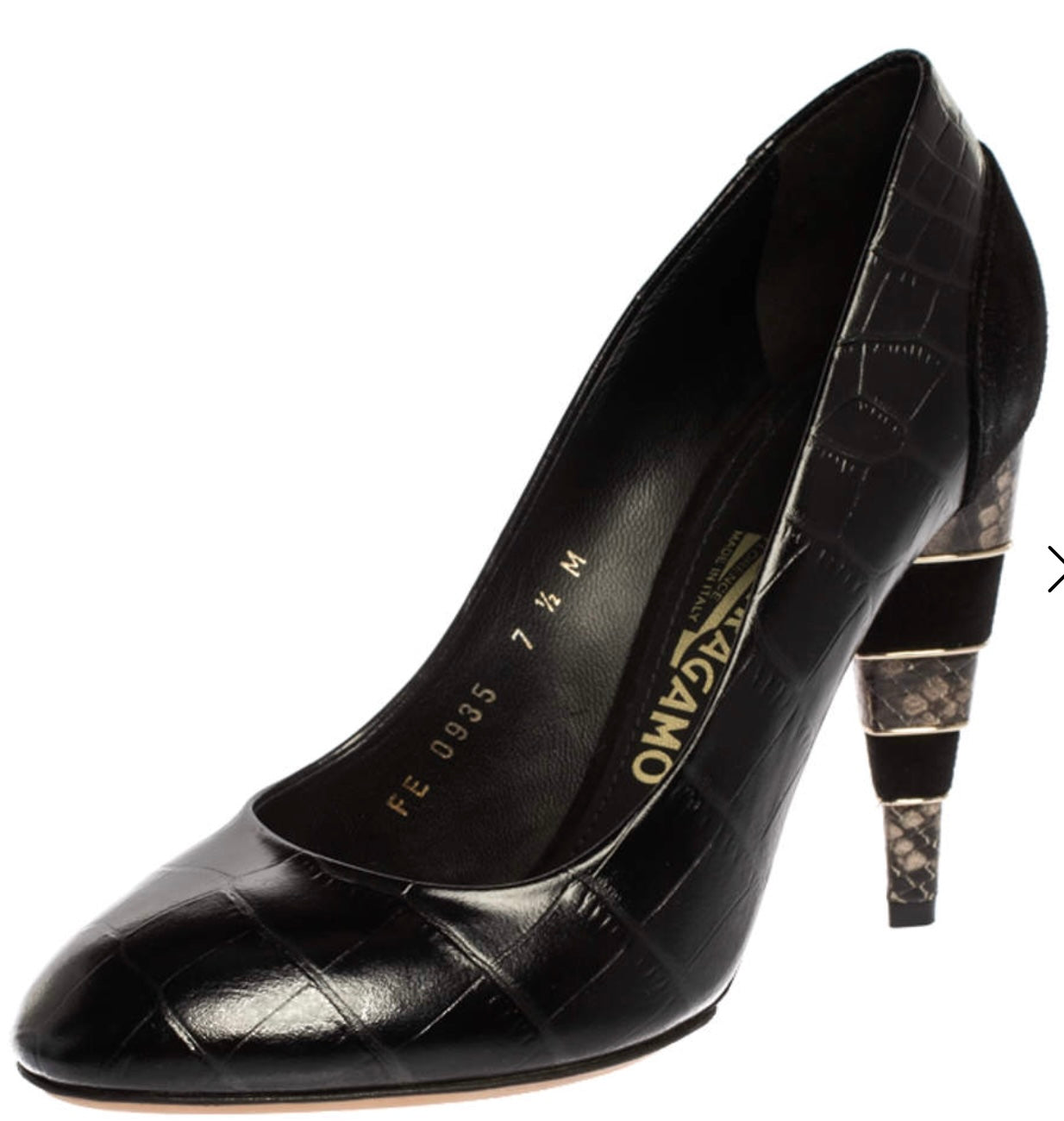 SALVATORE FERRAGAMO BLACK CROC LEATHER PUMPS