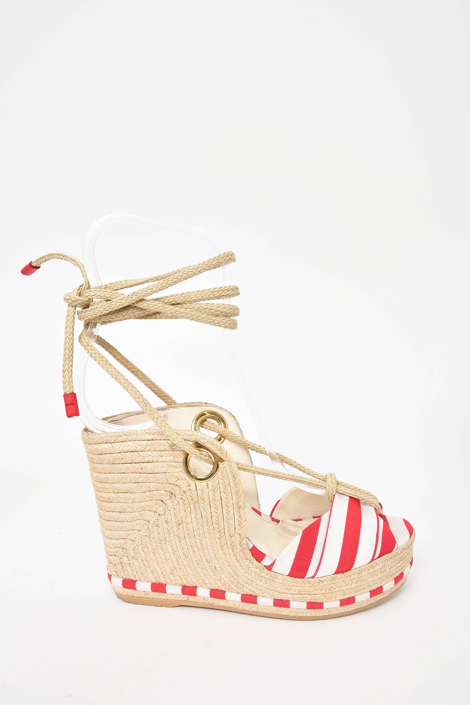 Salvatore Ferragamo Red Striped Canvas Espadrille Wedges Size 6
