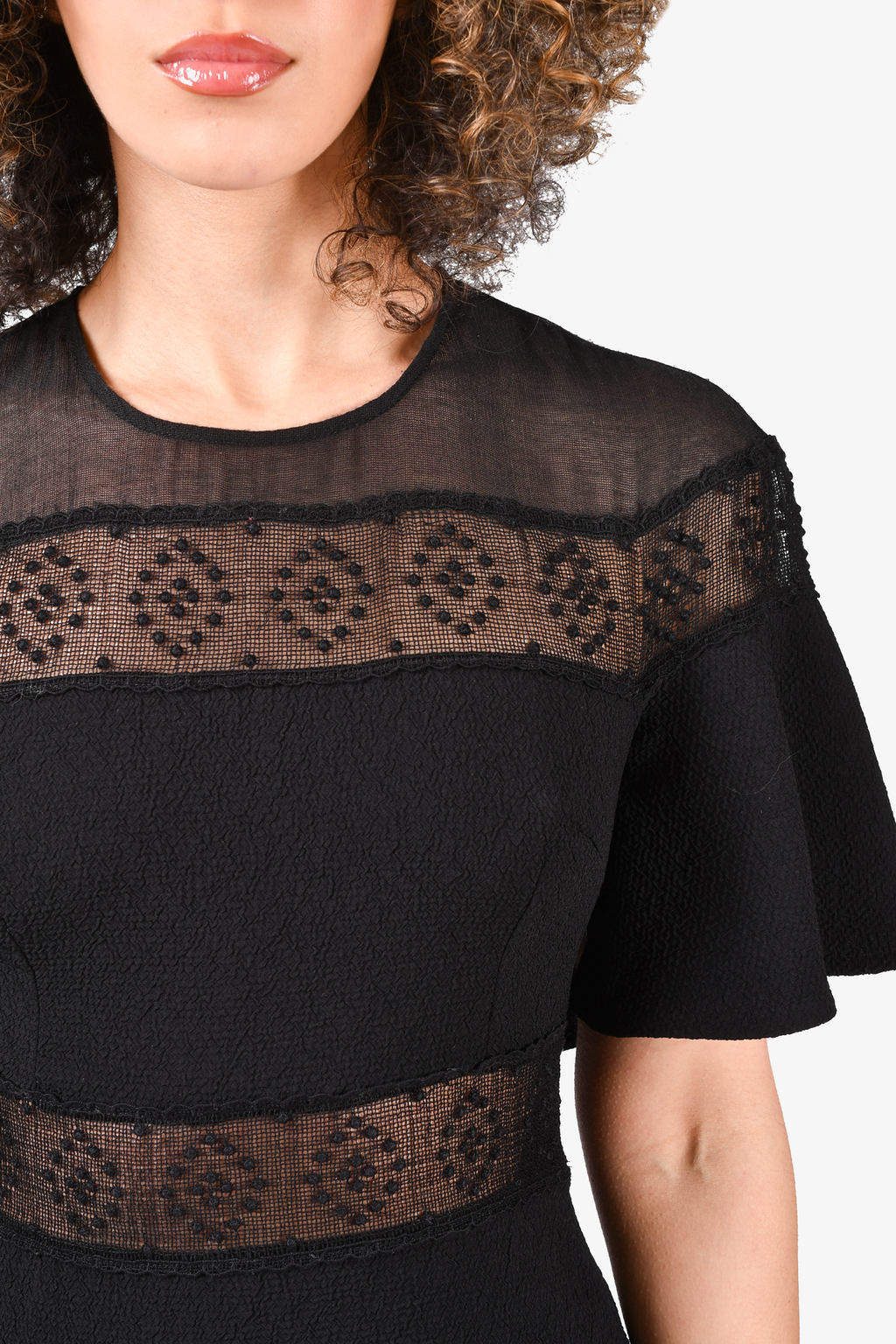 Sandro Black Ruffle Dress with Sheer Detail Dress