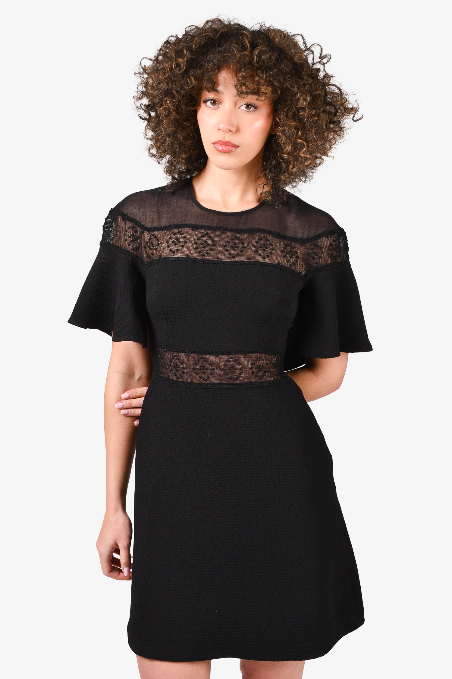 Sandro Black Ruffle Dress with Sheer Detail Dress