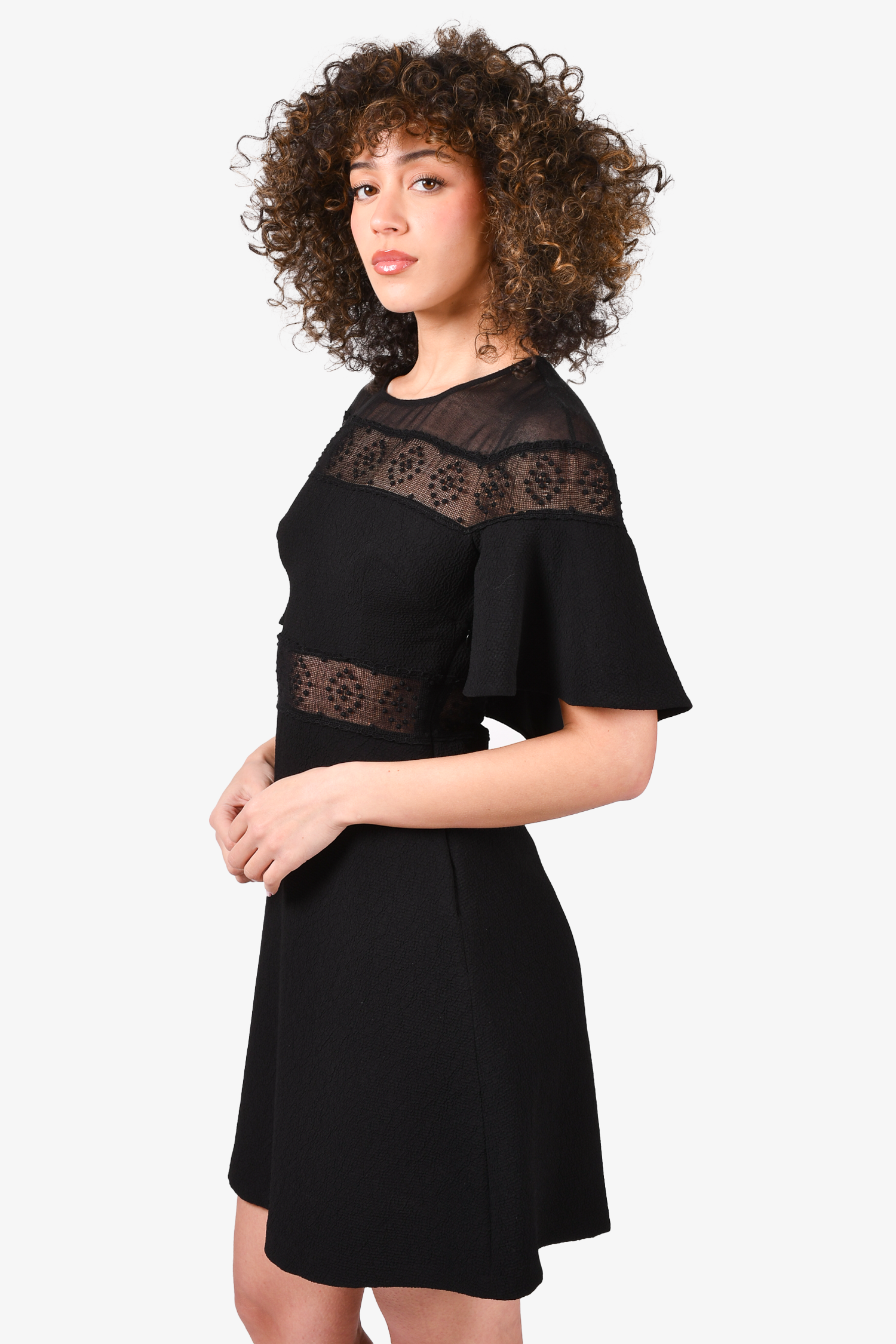 Sandro Black Ruffle Dress with Sheer Detail Dress