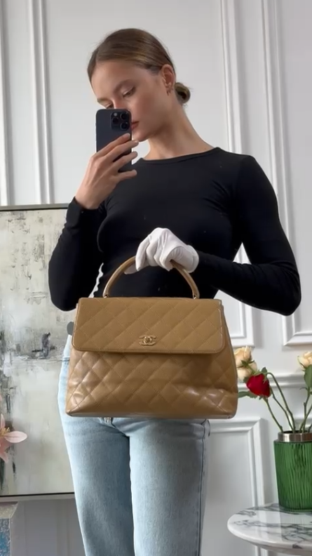 Chanel Vintage Kelly Top Handle Flap Bag Beige Caviar