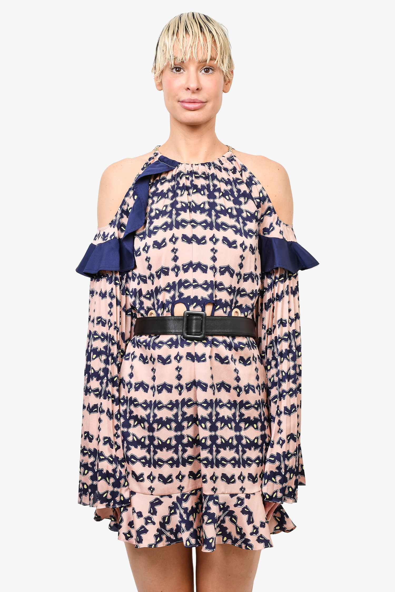 Self-Portrait Navy/Purple Patterned Cold Shoulder Belted Mini Dress Size 10