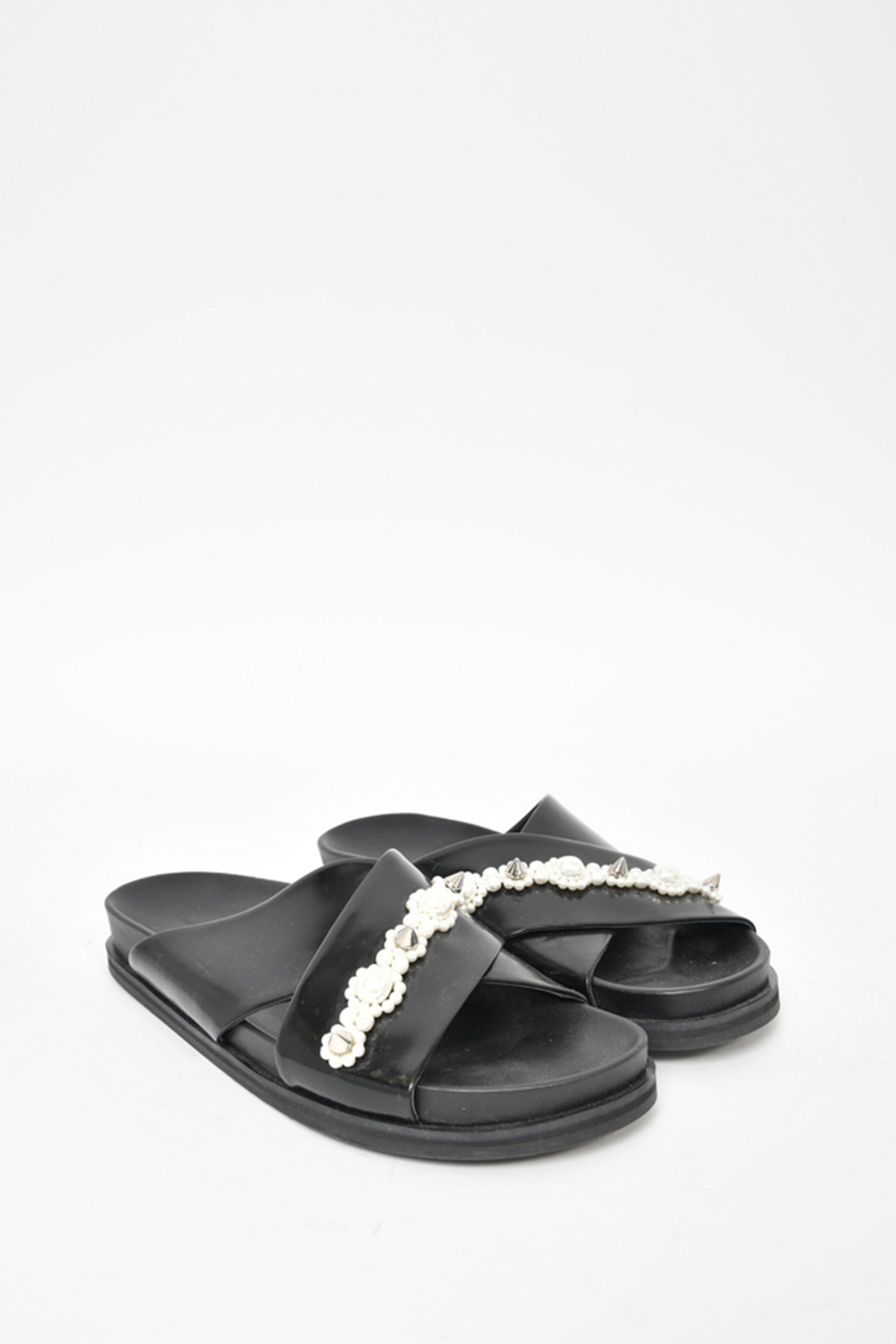 Simone Rocha Black Leather Crossover Pearl Embellished Sandals Size 37