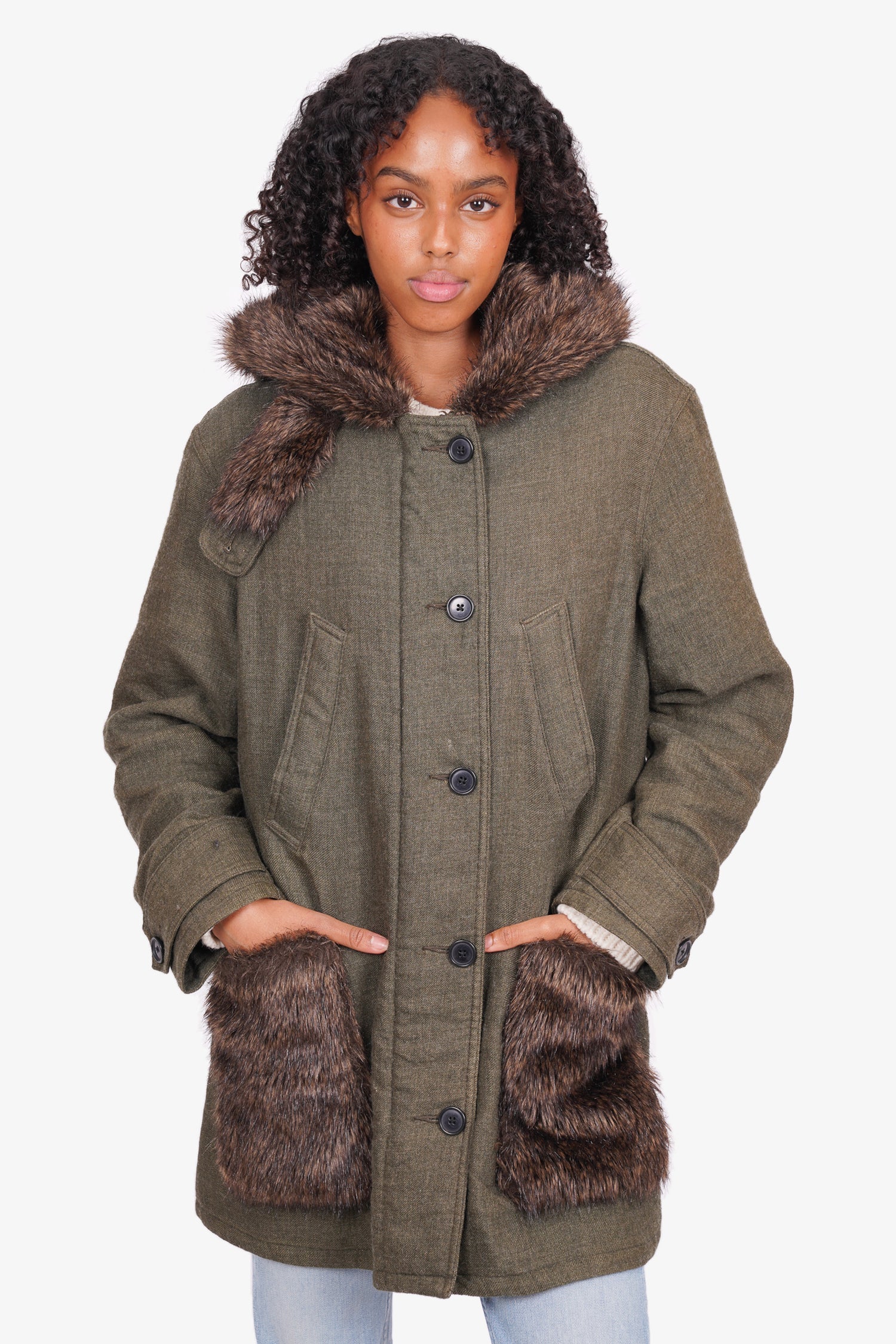 Smythe Green Wool Parka with Faux Fur Size S