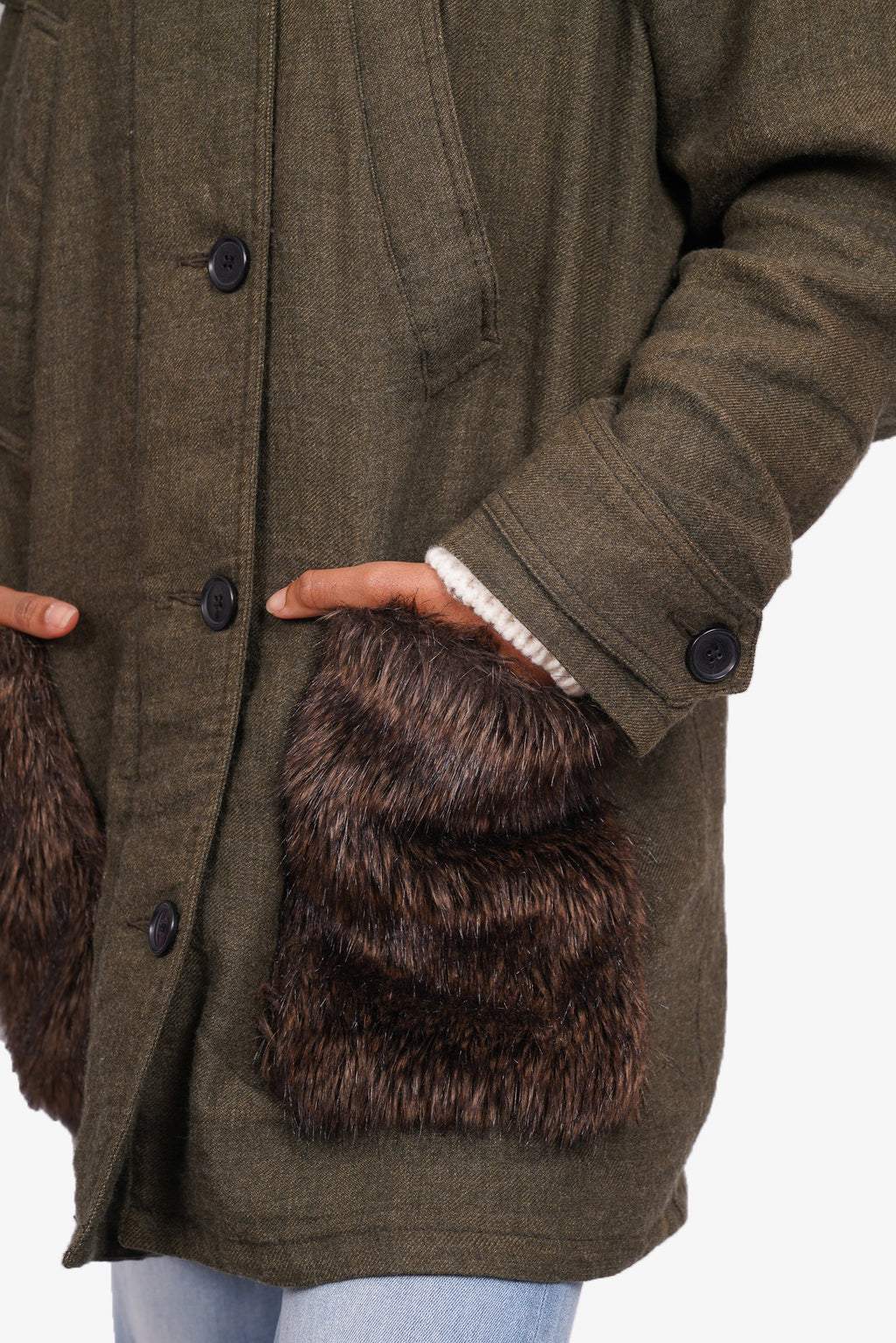 Smythe Green Wool Parka with Faux Fur Size S