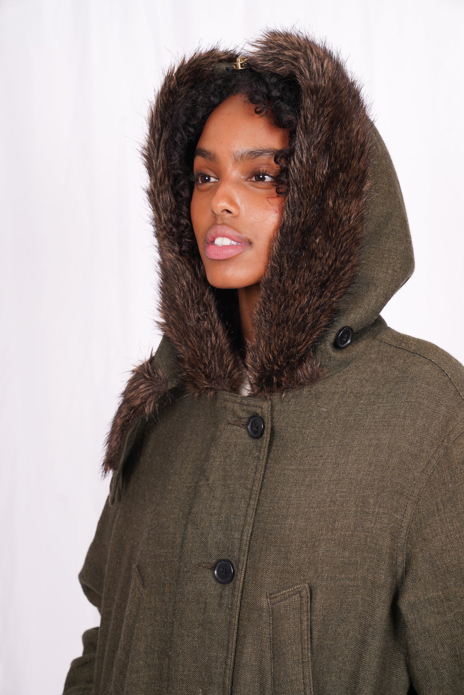 Smythe Green Wool Parka with Faux Fur Size S