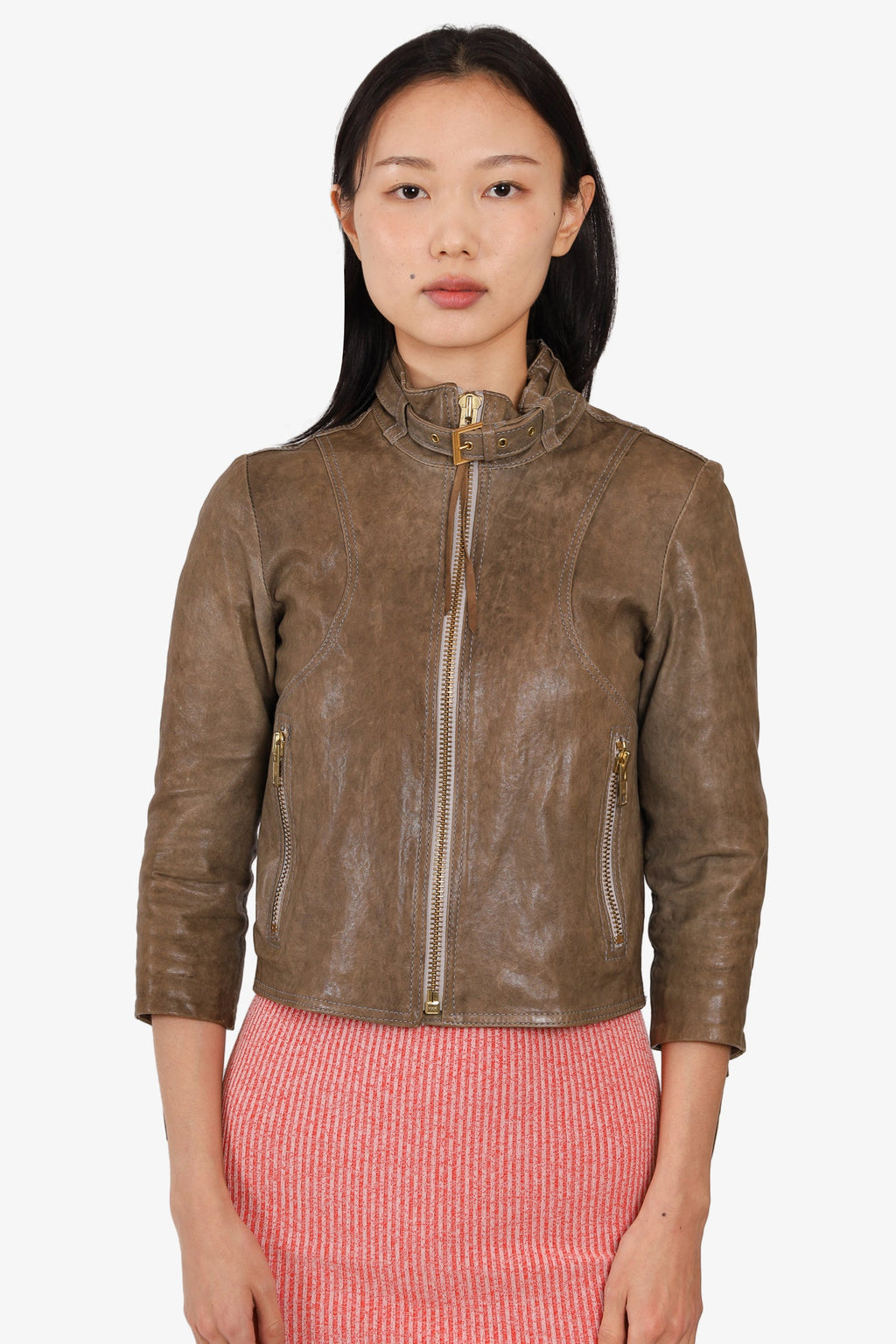 Smythe Taupe Leather Motorcycle Jacket with Neck Buckle Size 6