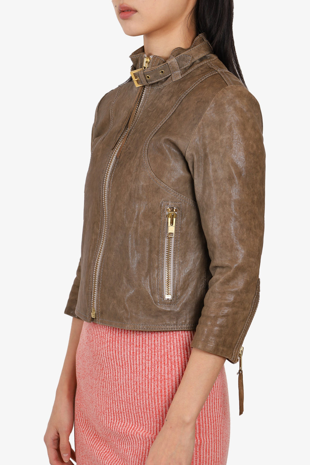 Smythe Taupe Leather Motorcycle Jacket with Neck Buckle Size 6