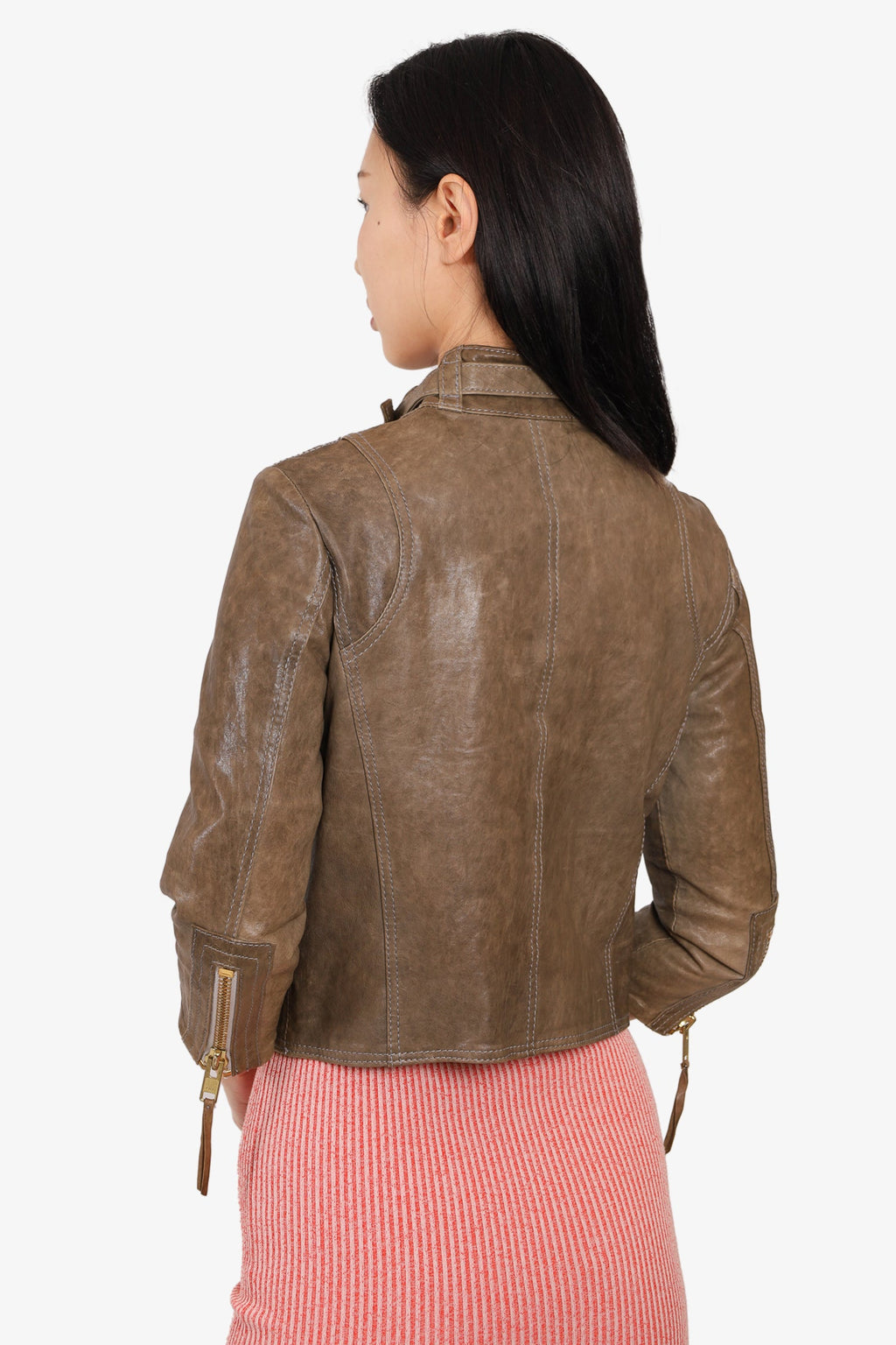 Smythe Taupe Leather Motorcycle Jacket with Neck Buckle Size 6