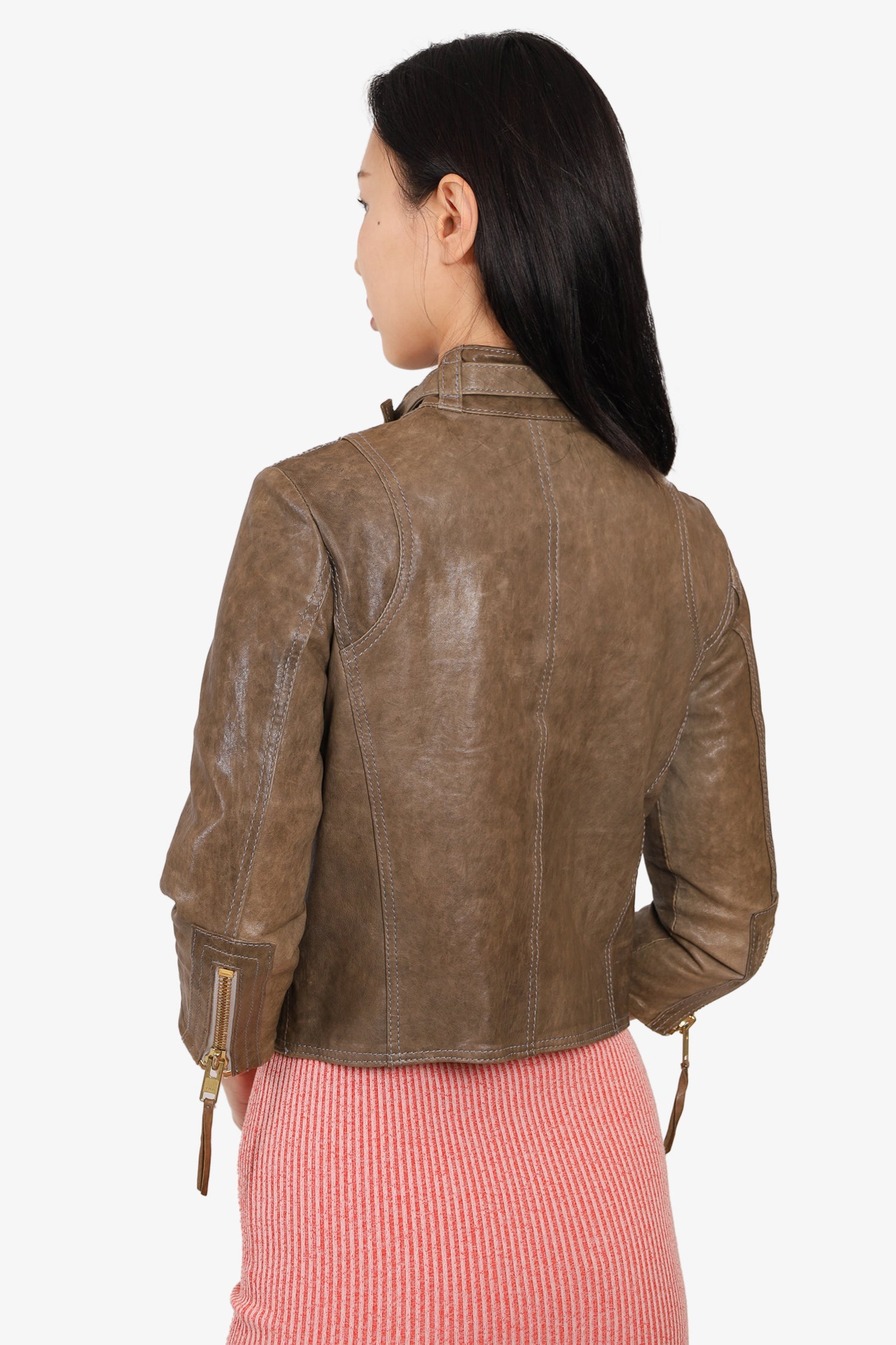 Smythe Taupe Leather Motorcycle Jacket with Neck Buckle Size 6