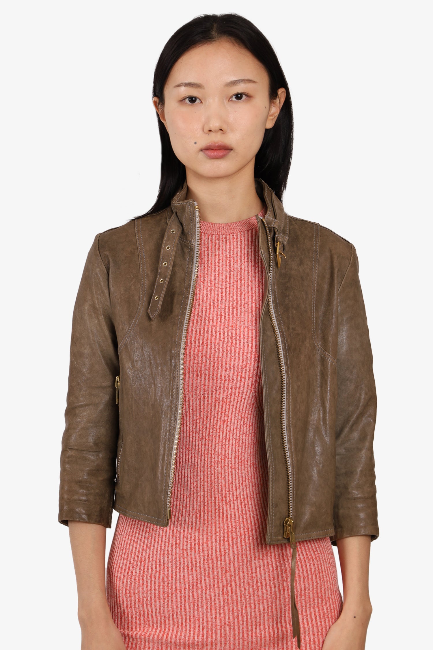 Smythe Taupe Leather Motorcycle Jacket with Neck Buckle Size 6