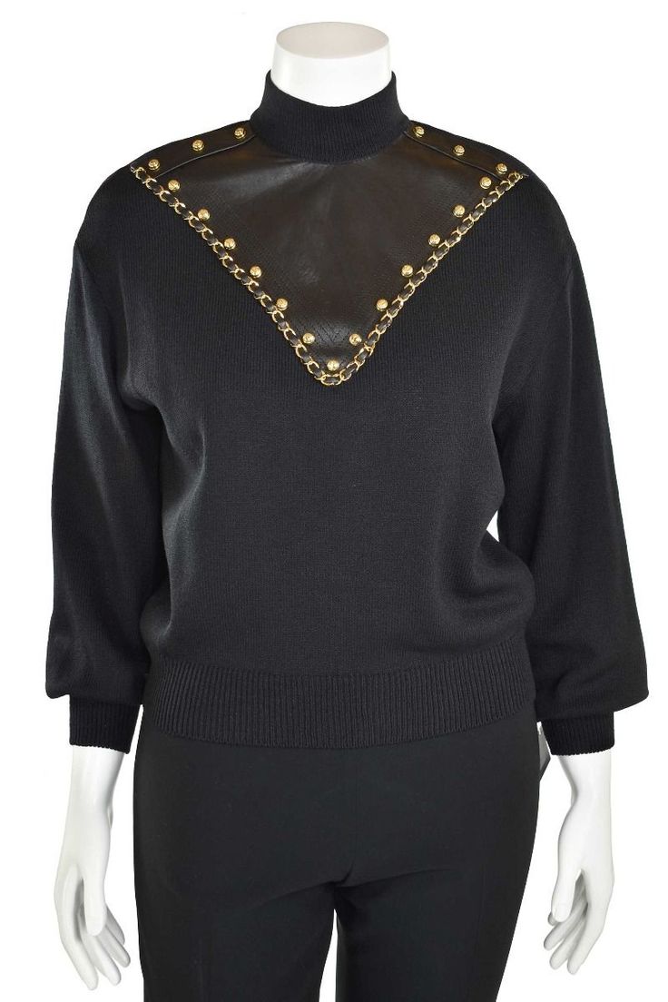 ST JOHN COLLECTION WOOL LEATHER STUDDED MOCK NECK SWEATHER