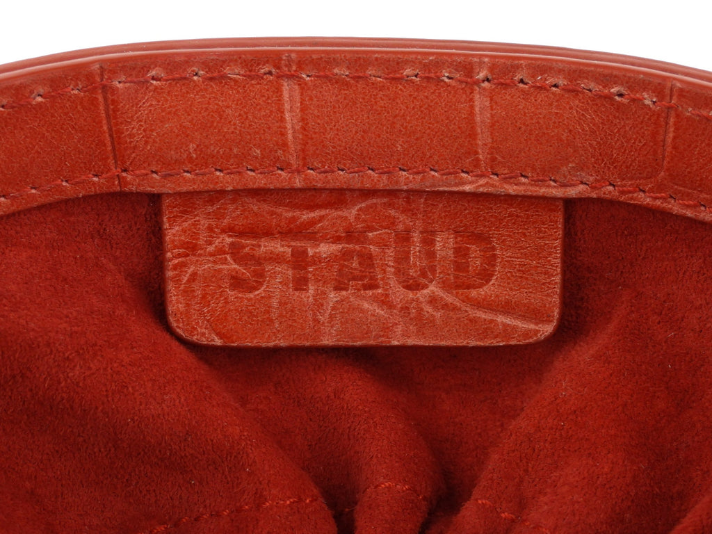Staud Red Croc Embossed Leather Two Way Bucket Bag