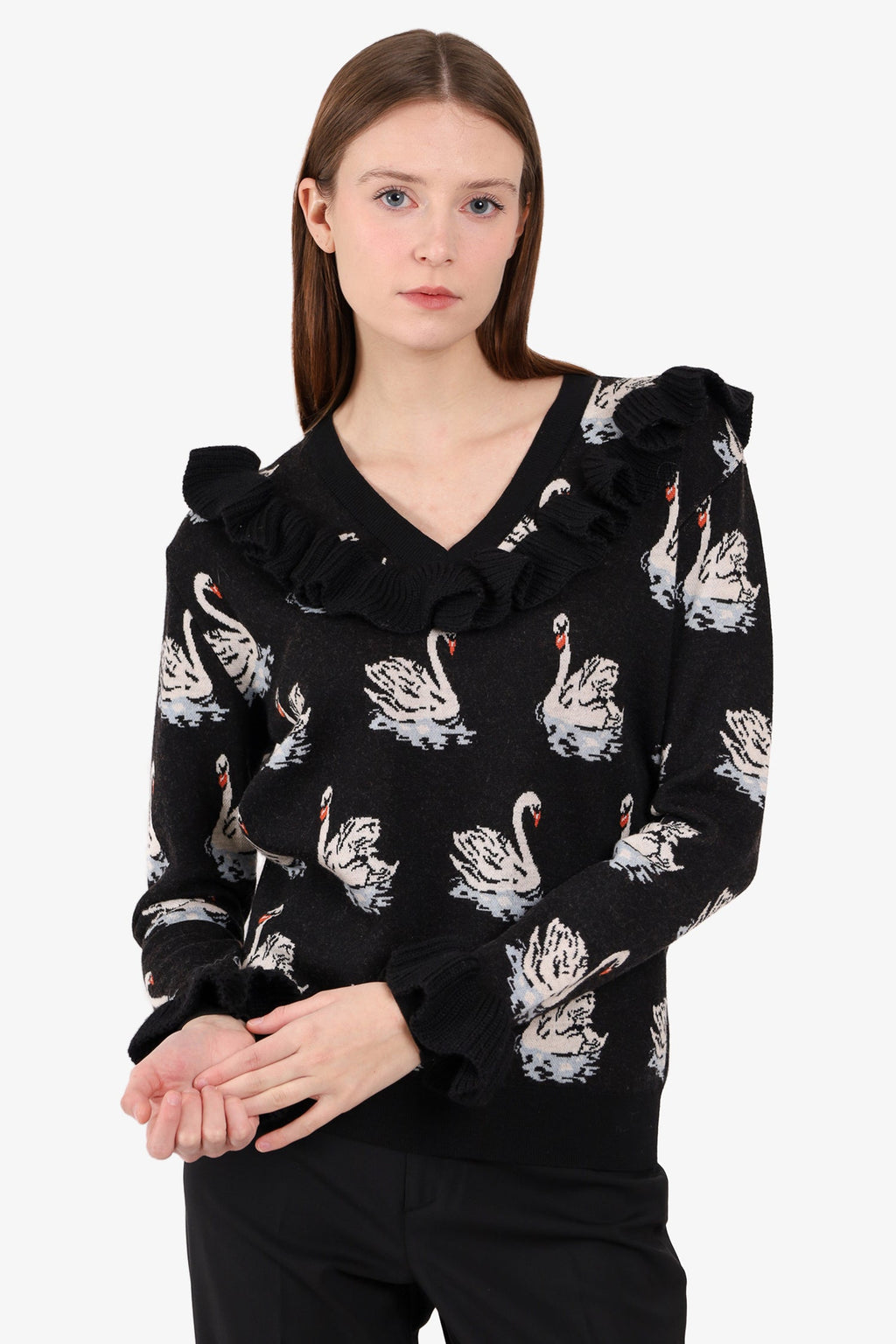 Stella McCartney Black Wool Swan Print Knit Ruffled Sweater Size 36