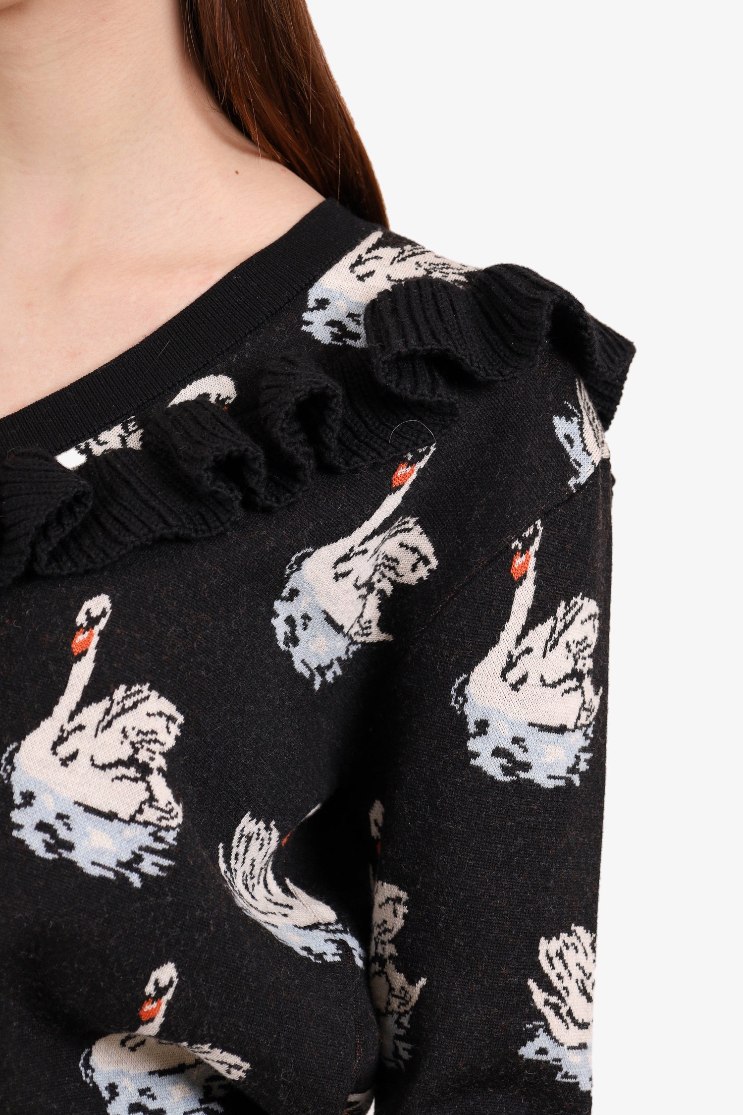 Stella McCartney Black Wool Swan Print Knit Ruffled Sweater Size 36