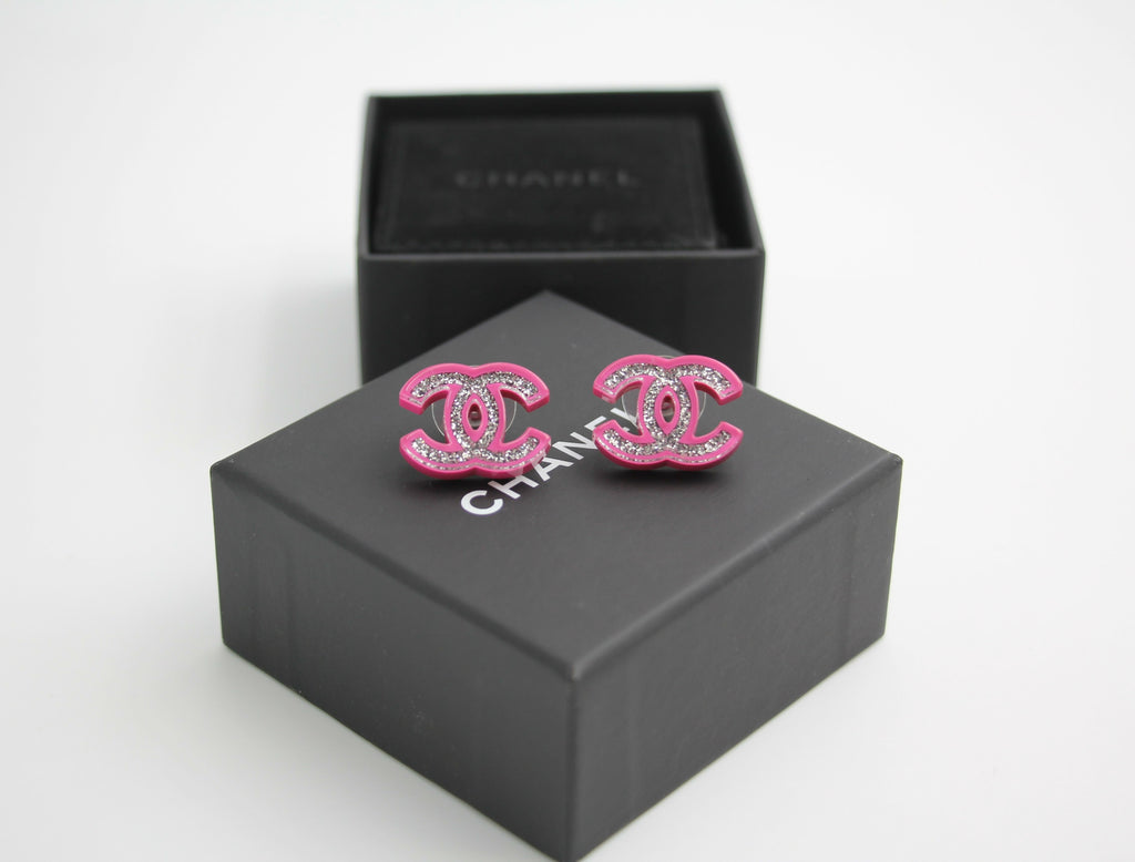 Chanel 2018 Resin Silver Glitter Pink Stud Earrings