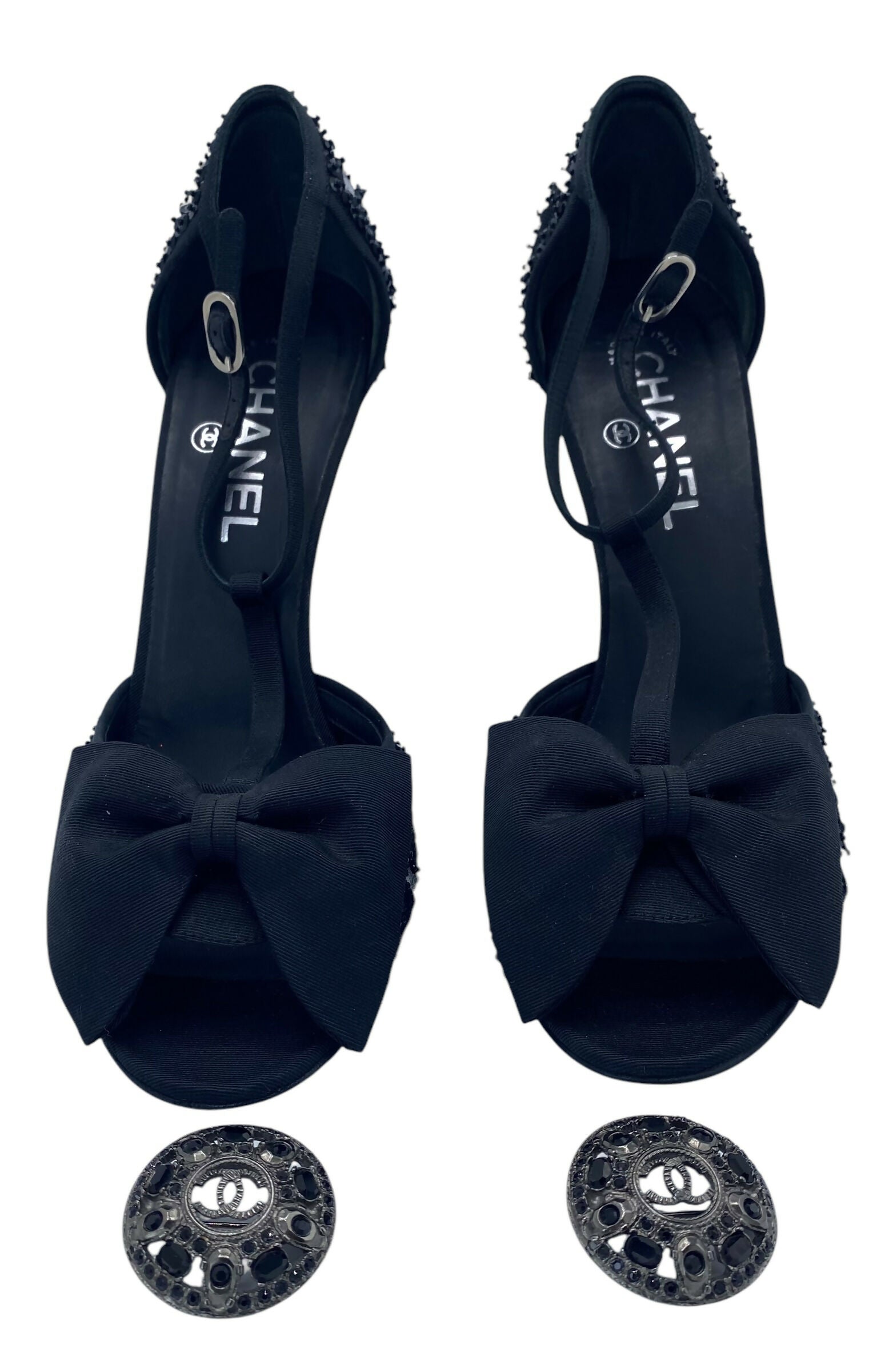 Chanel 09P Runway Black Sequin Bow CC Brooch Strap Heels Sandals EU 40