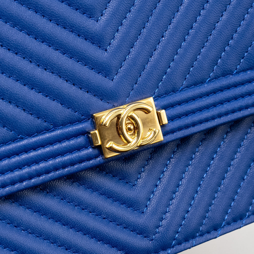 Chanel Boy Clutch with Chain  Chervon Lambskin Blue