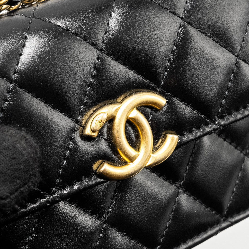 Chanel 21A Gold Crush Mini Flap Clutch with Adjustable Chain Calfskin Black