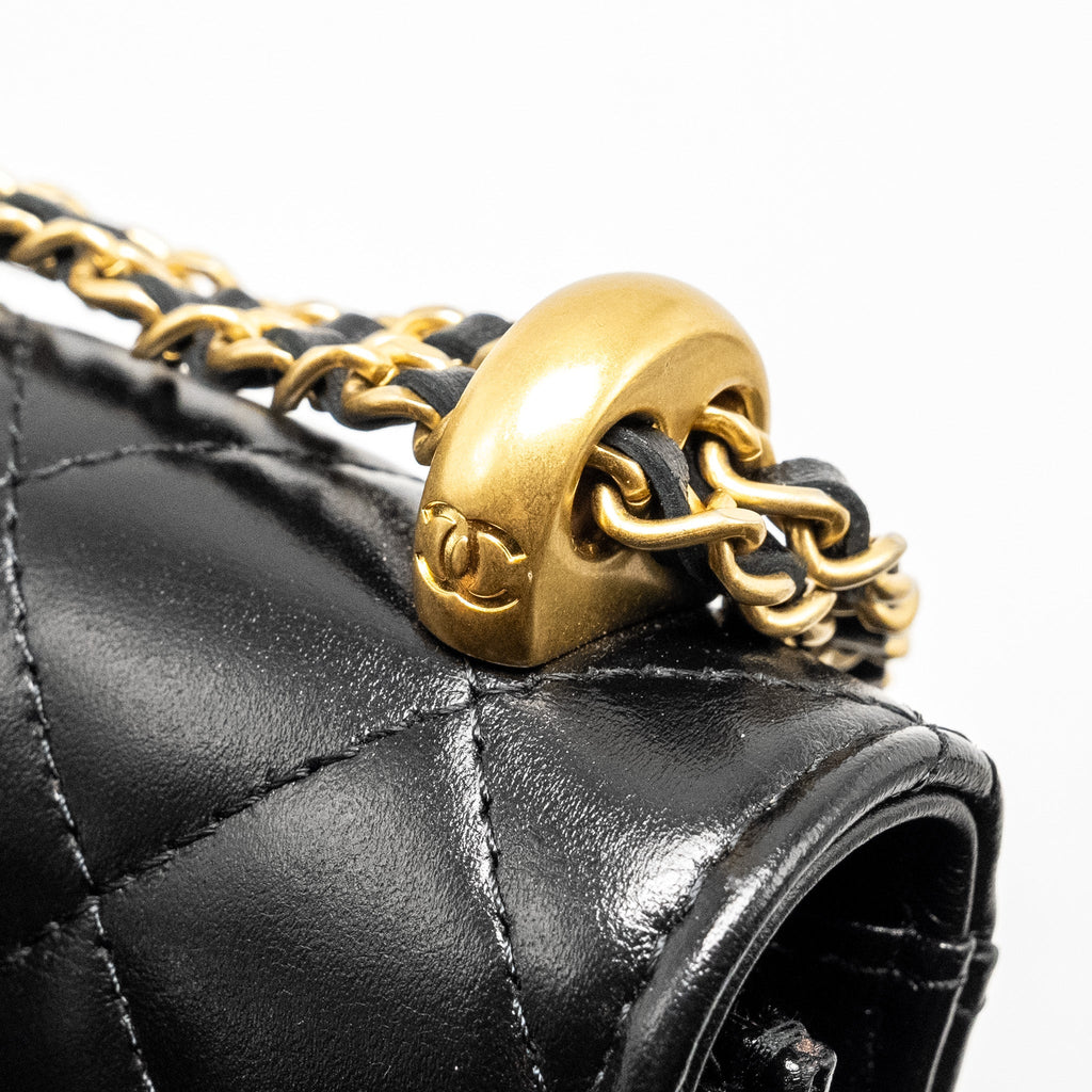 Chanel 21A Gold Crush Mini Flap Clutch with Adjustable Chain Calfskin Black