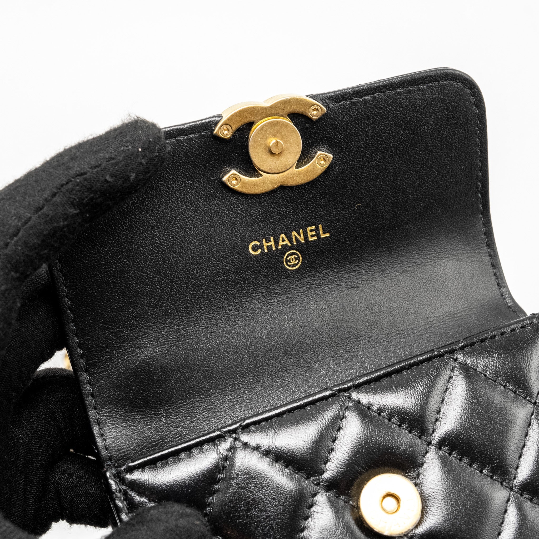 Chanel 21A Gold Crush Mini Flap Clutch with Adjustable Chain Calfskin Black