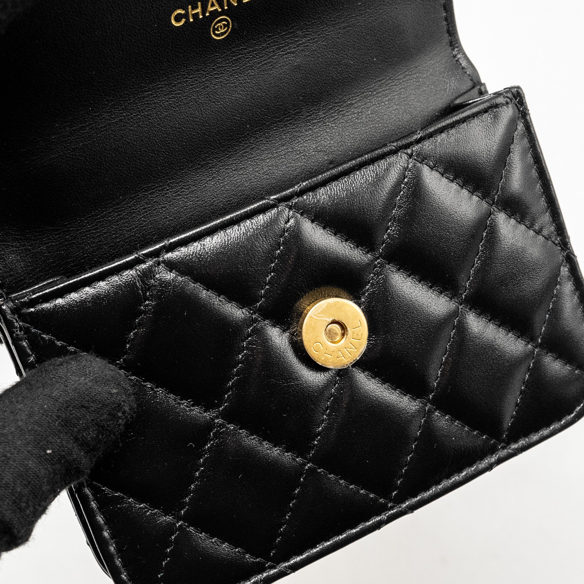 Chanel 21A Gold Crush Mini Flap Clutch with Adjustable Chain Calfskin Black