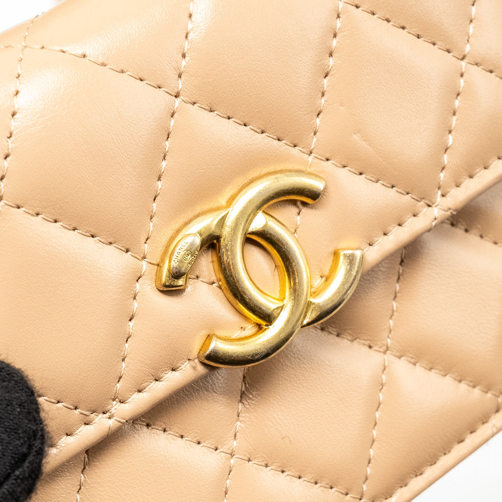 Chanel 21A Gold Crush Mini Flap Clutch with Adjustable Chain Calfskin Beige