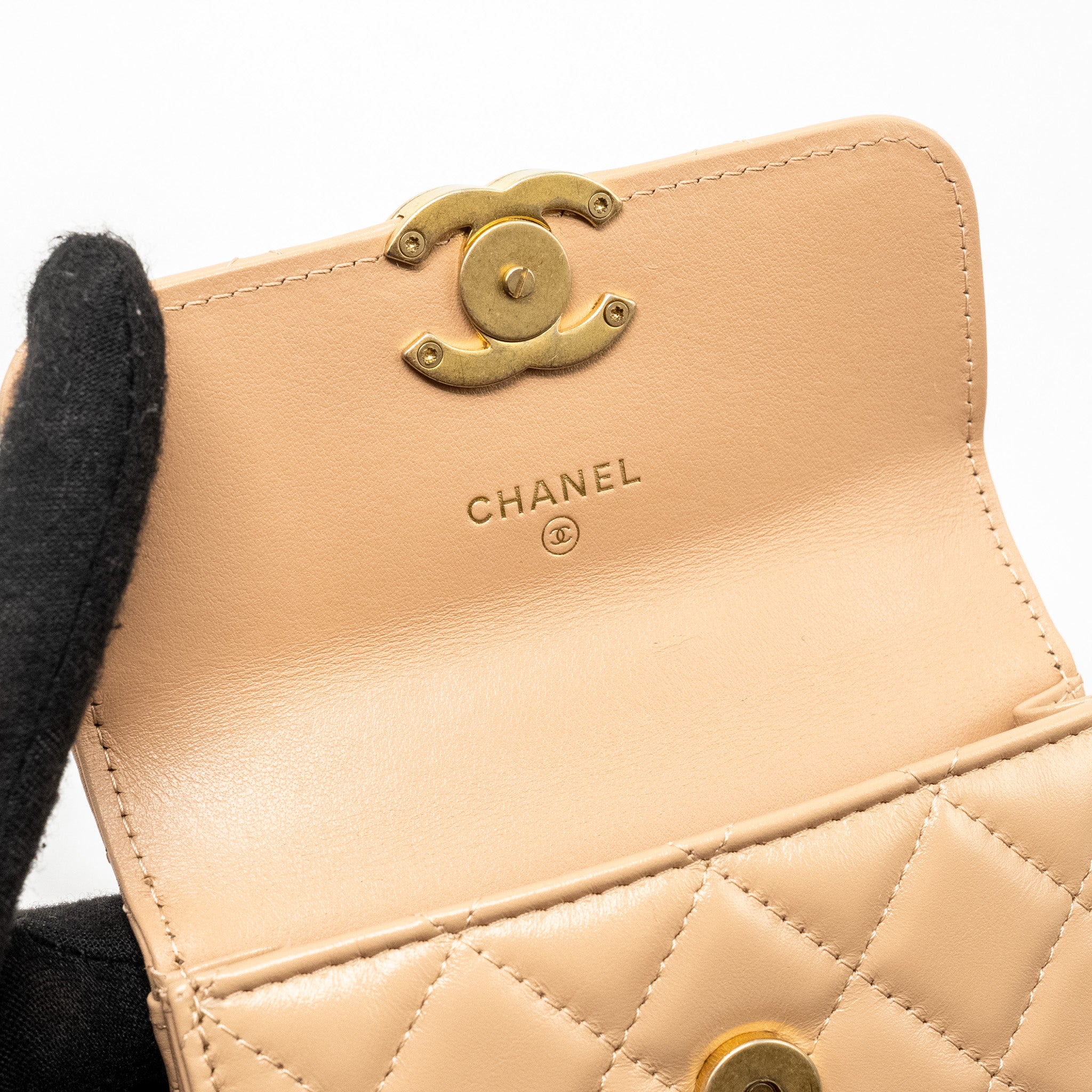 Chanel 21A Gold Crush Mini Flap Clutch with Adjustable Chain Calfskin Beige