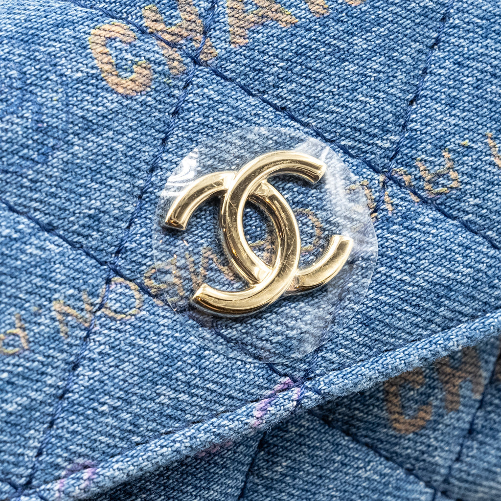 Chanel 22p Logo Printed Mini Clutch With Chain Denim Blue/Multicolour L