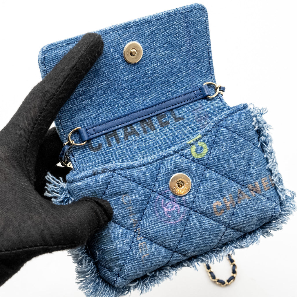 Chanel 22p Logo Printed Mini Clutch With Chain Denim Blue/Multicolour L